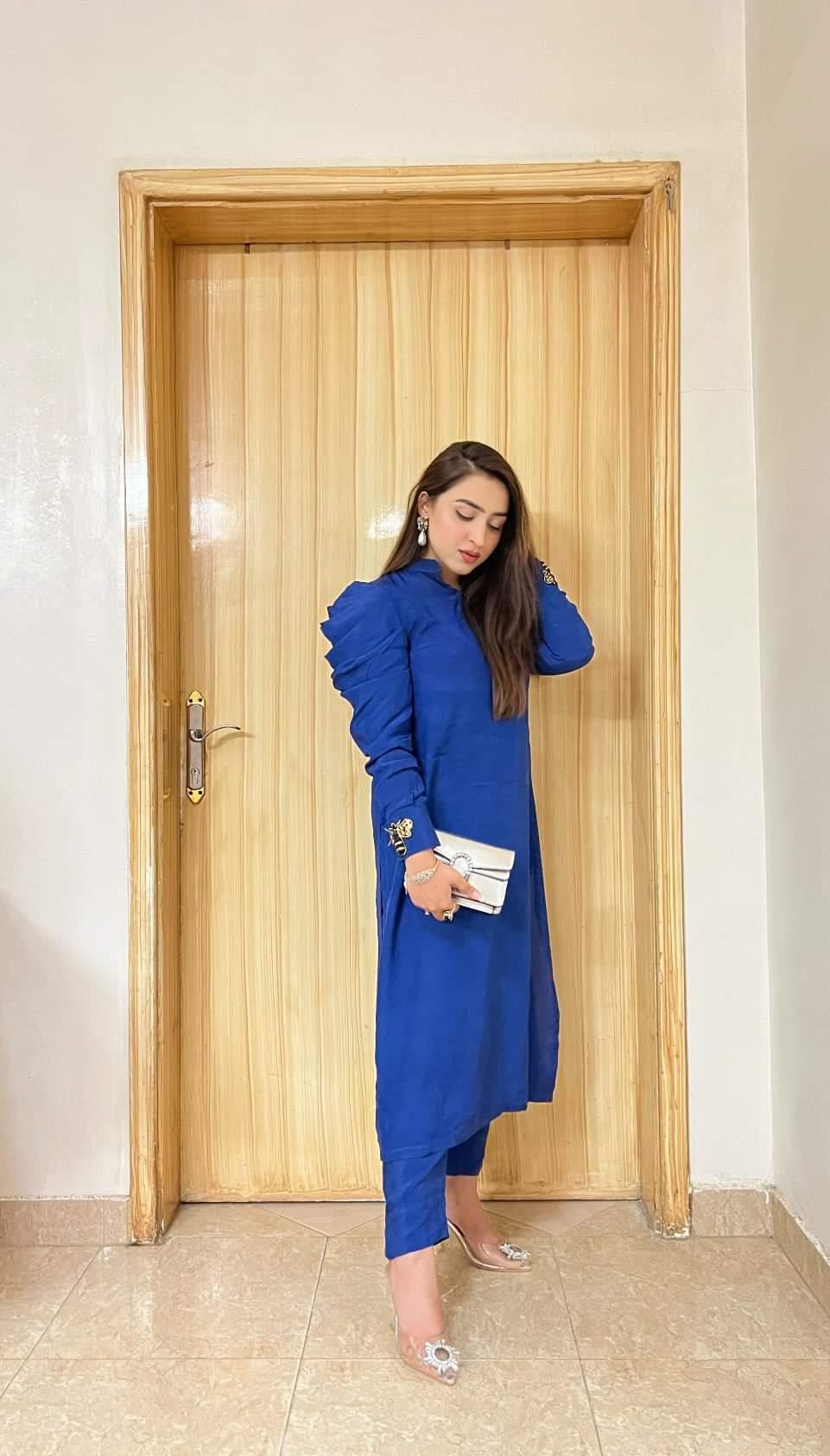 Manahils Stitched Blue Puffy Sleeves Raw Silk