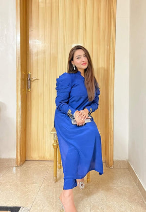 Manahils Stitched Blue Puffy Sleeves Raw Silk