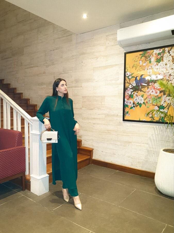 Manahils Stitched Tunic Green Long Button Set