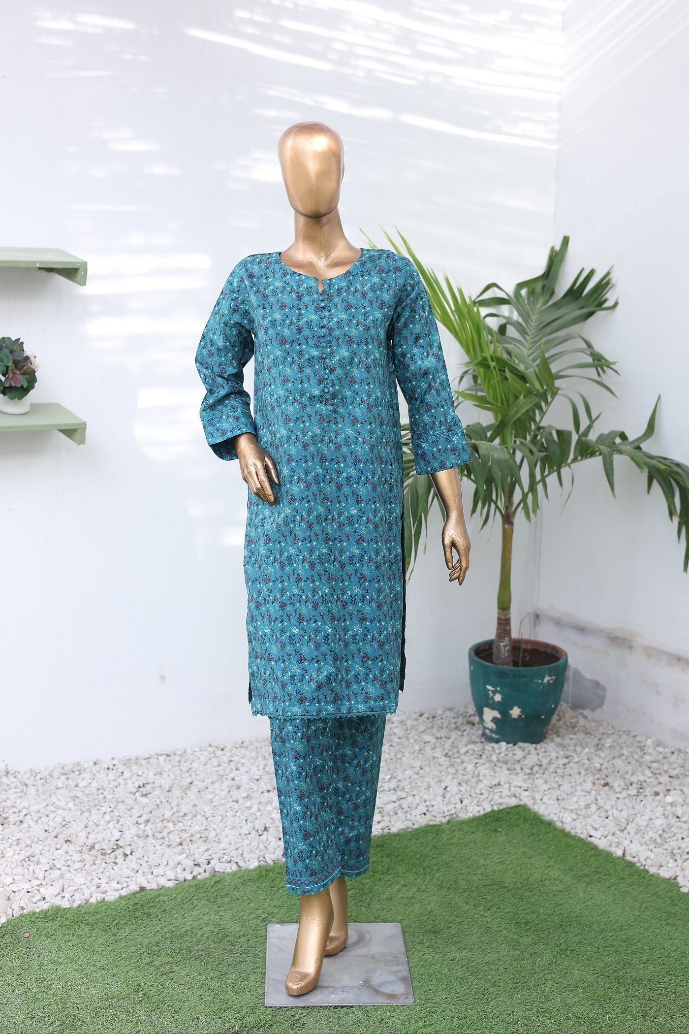 Suntex Stitched Co Ords Printed Lawn Suit-OS-2642-Teal