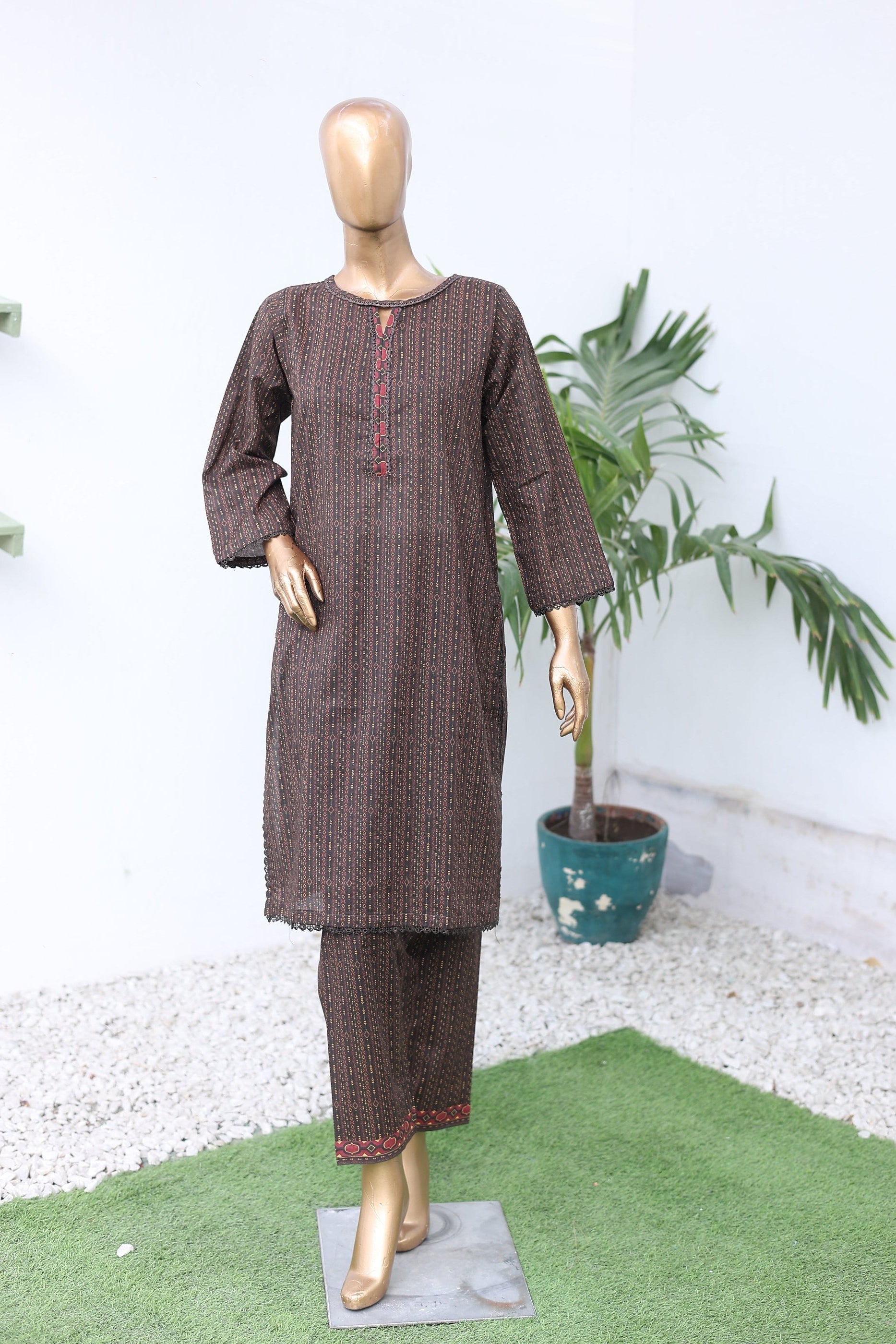 Suntex Stitched Co Ords Printed Lawn Suit-OS-2645-Dark Brown