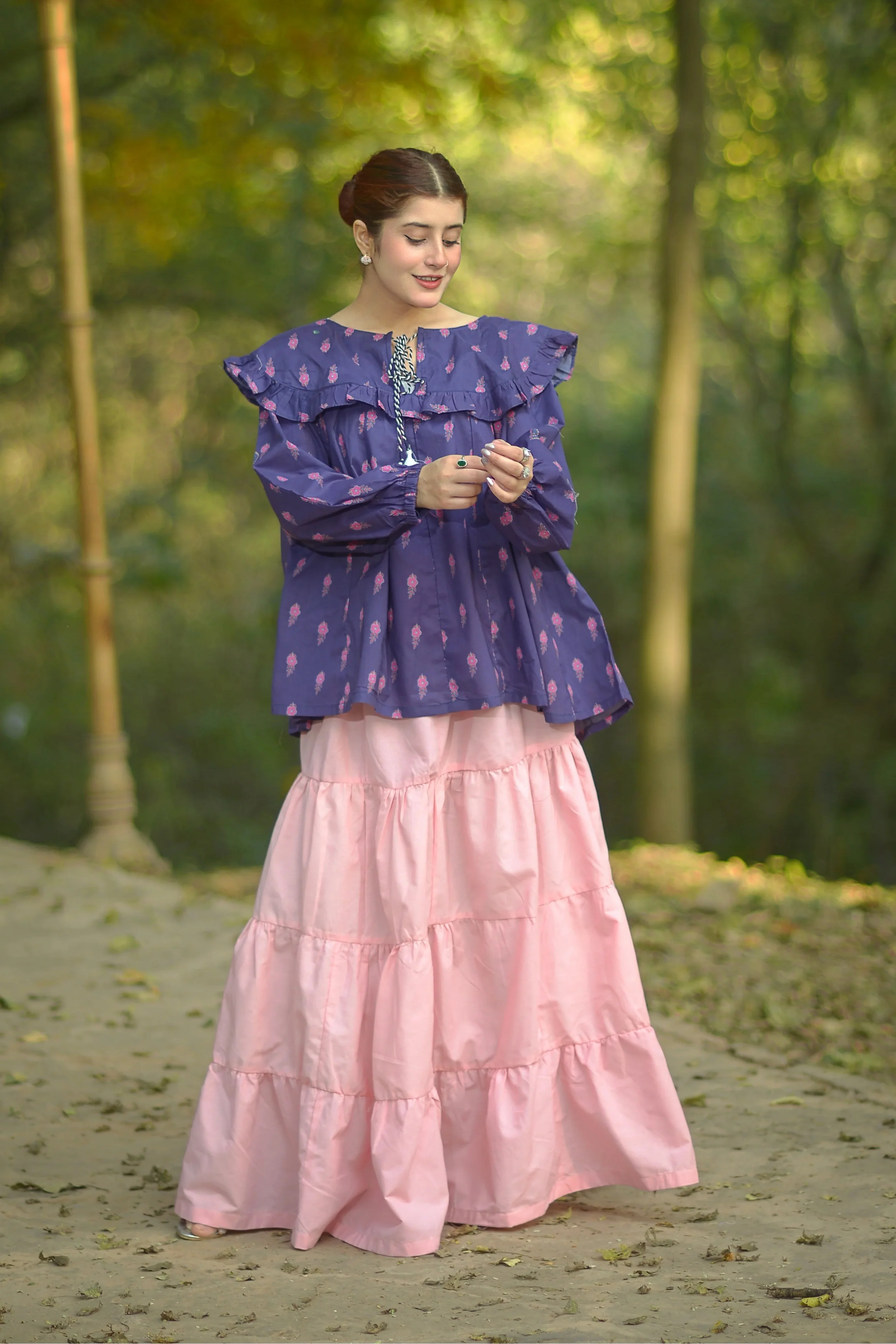 Urban Cut Printed Cotton Ruffle Peplum Top with Tassel Detail