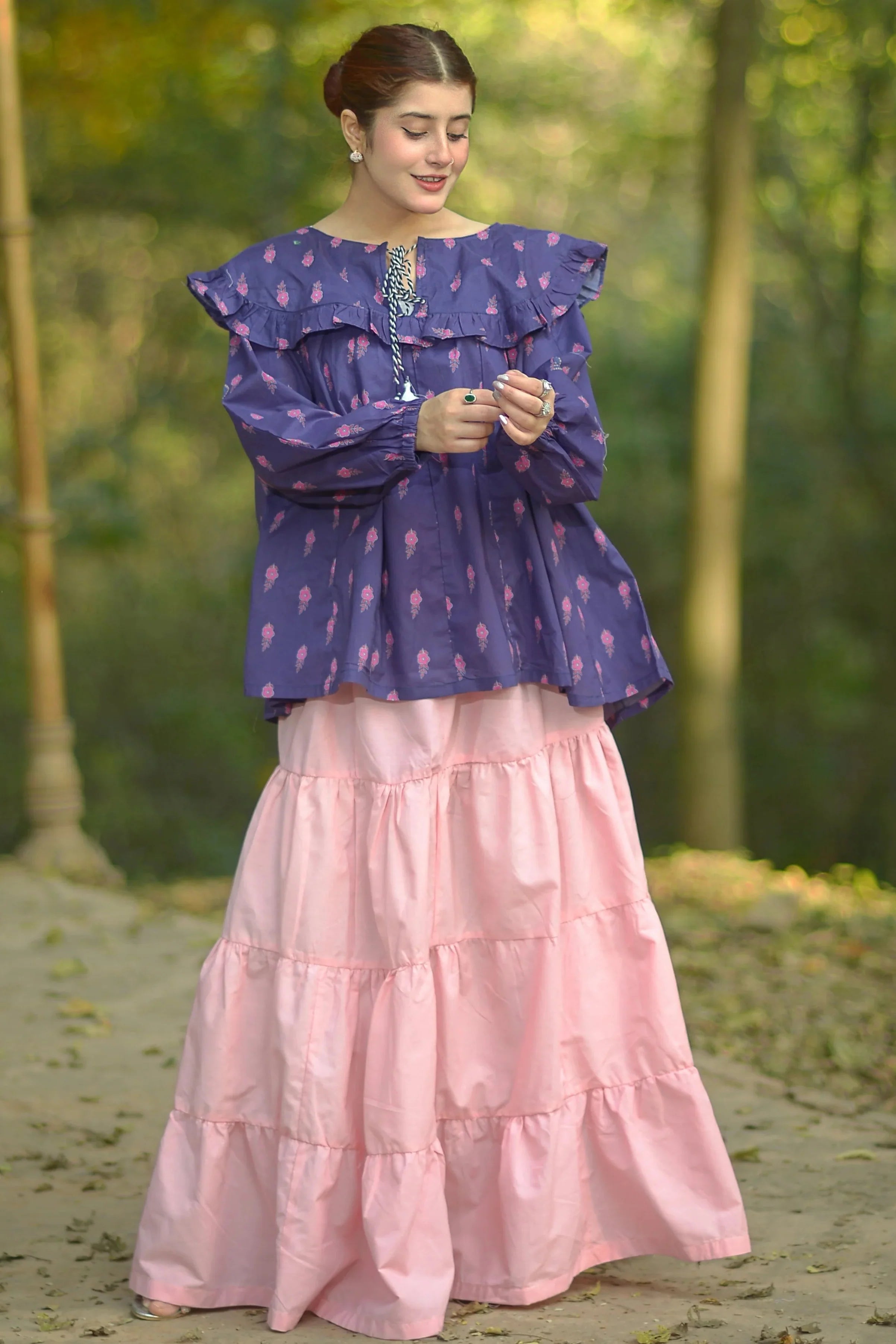 Urban Cut Pink Cotton Maxi Skirt Elegant Tiered Long Skirt