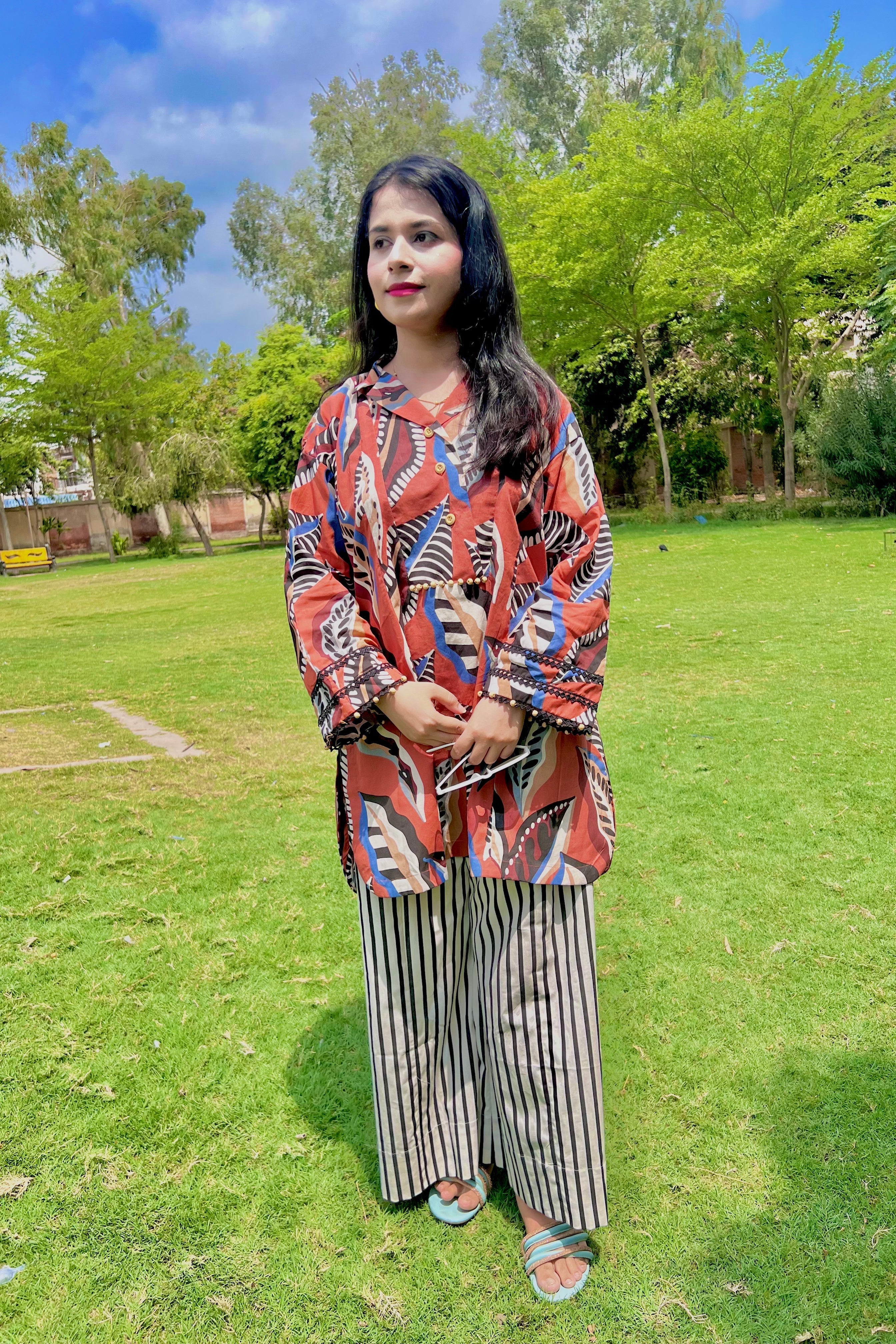 Urban Cut Rust Abstract Cotton 2-Piece Set ? Shirt & Striped Trousers