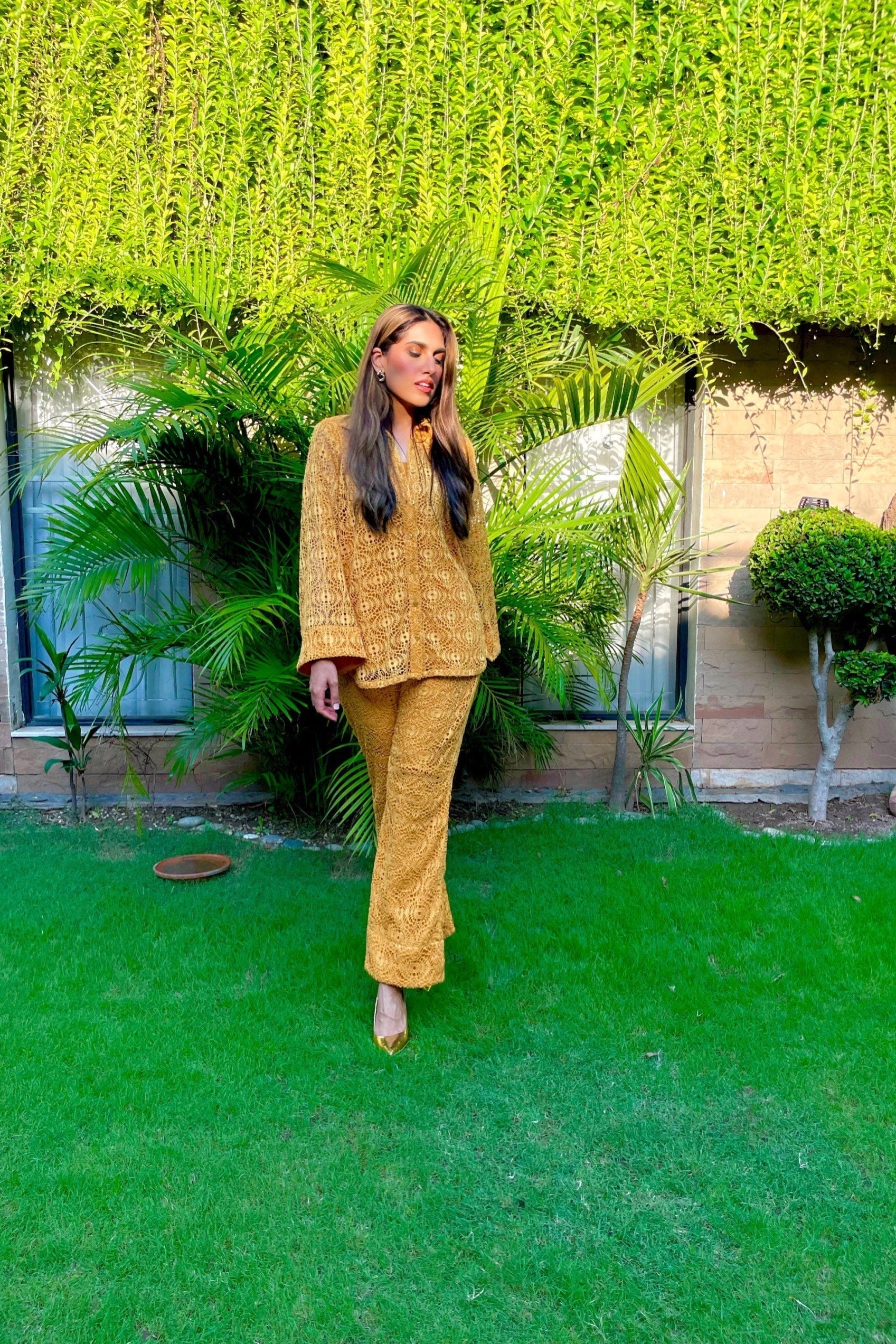 Manahils Stitched Mustard Crochet Co-Ord Set