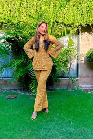 Manahils Stitched Mustard Crochet Co-Ord Set