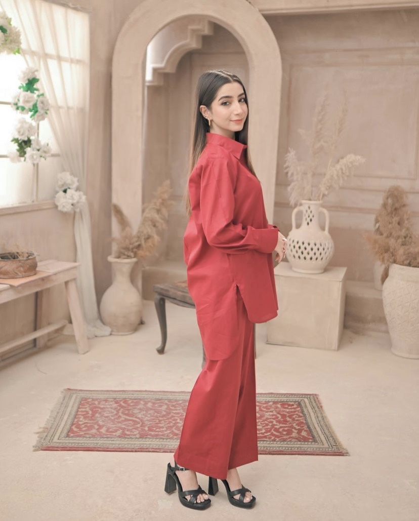 Zauk Stitched 2 Piece Collection-Reddish Maroon Two Piece Dress