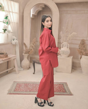 Zauk Stitched 2 Piece Collection-Reddish Maroon Two Piece Dress