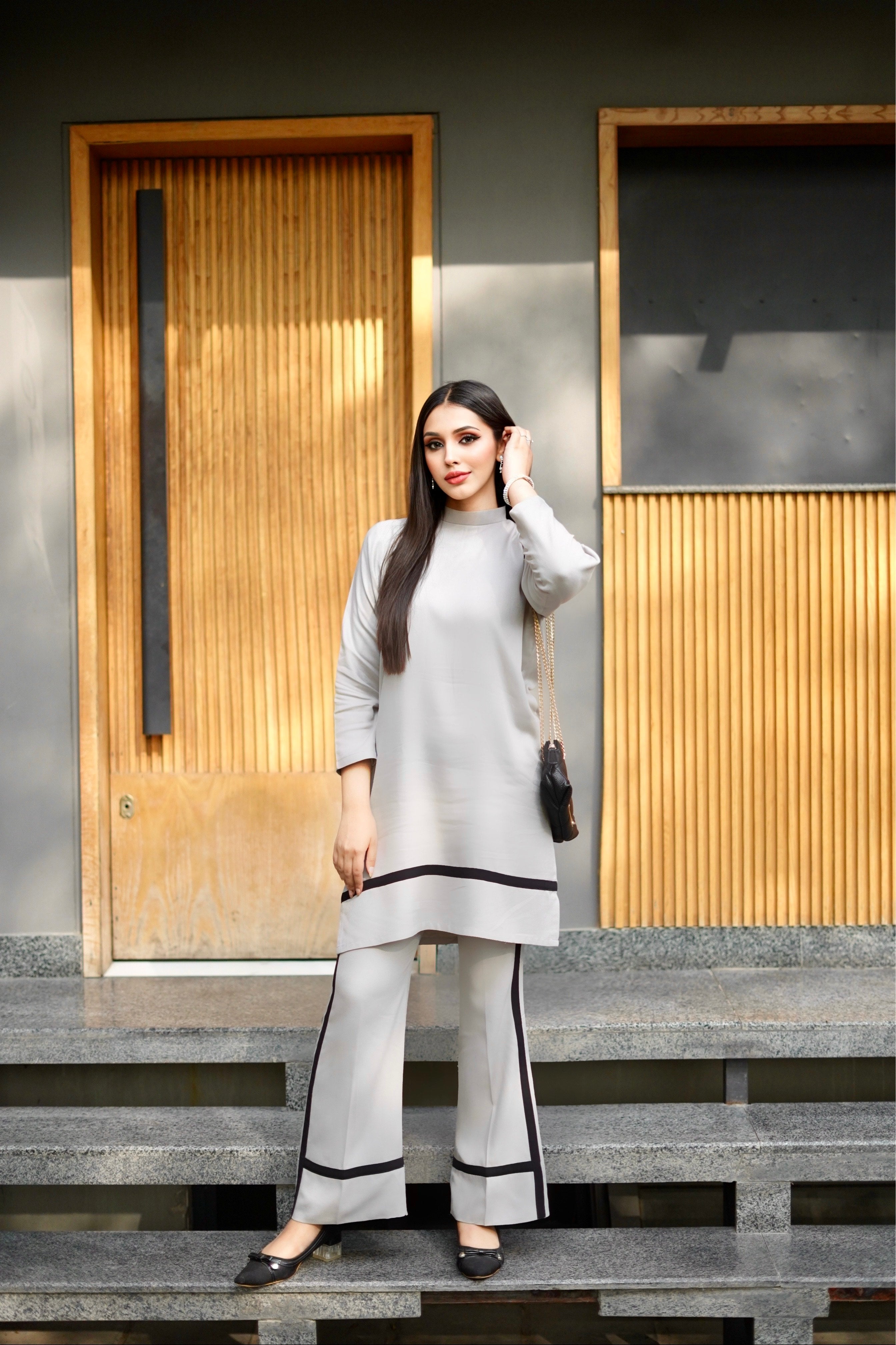 Manahils Stitched Co Ords Gray Strip