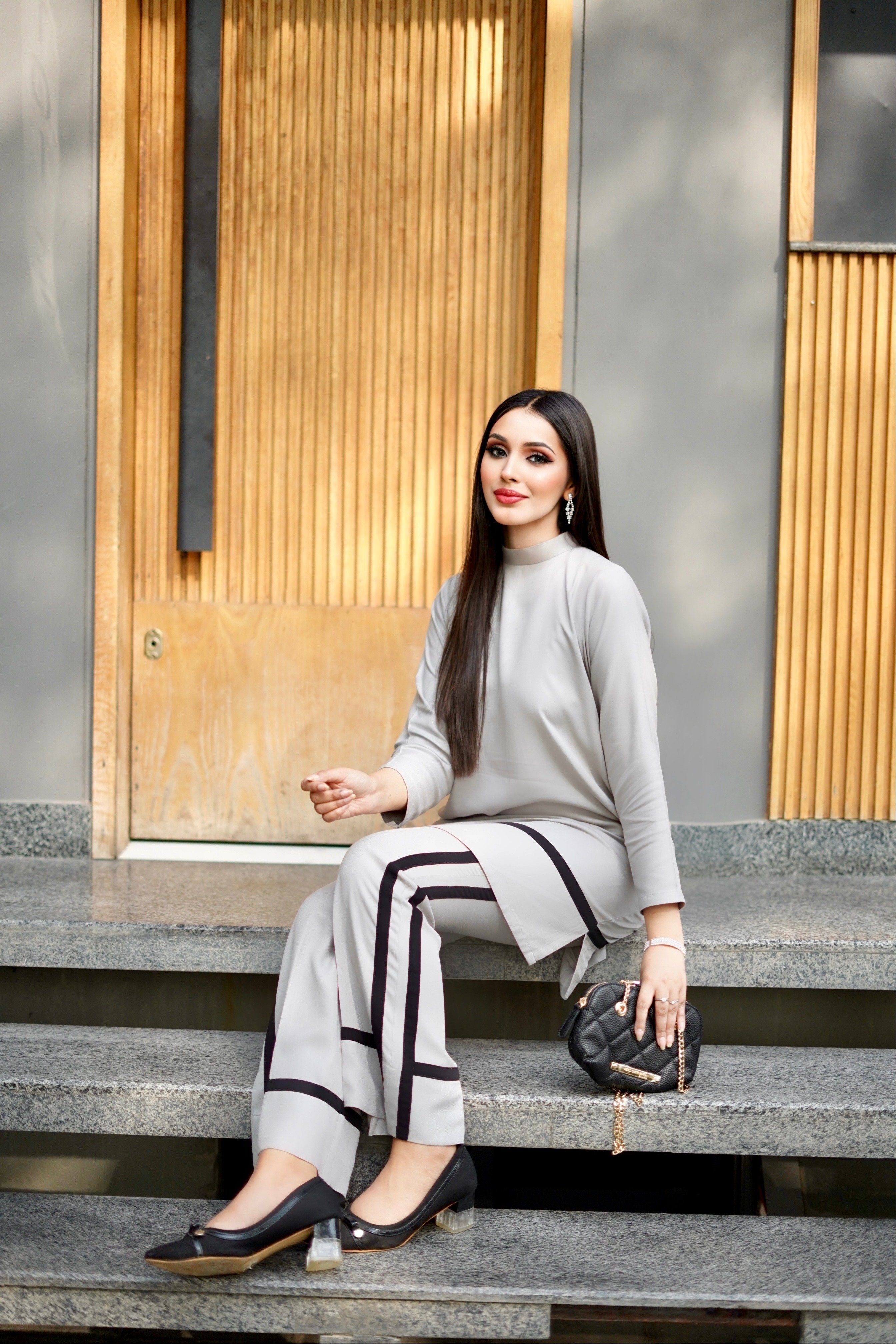 Manahils Stitched Co Ords Gray Strip