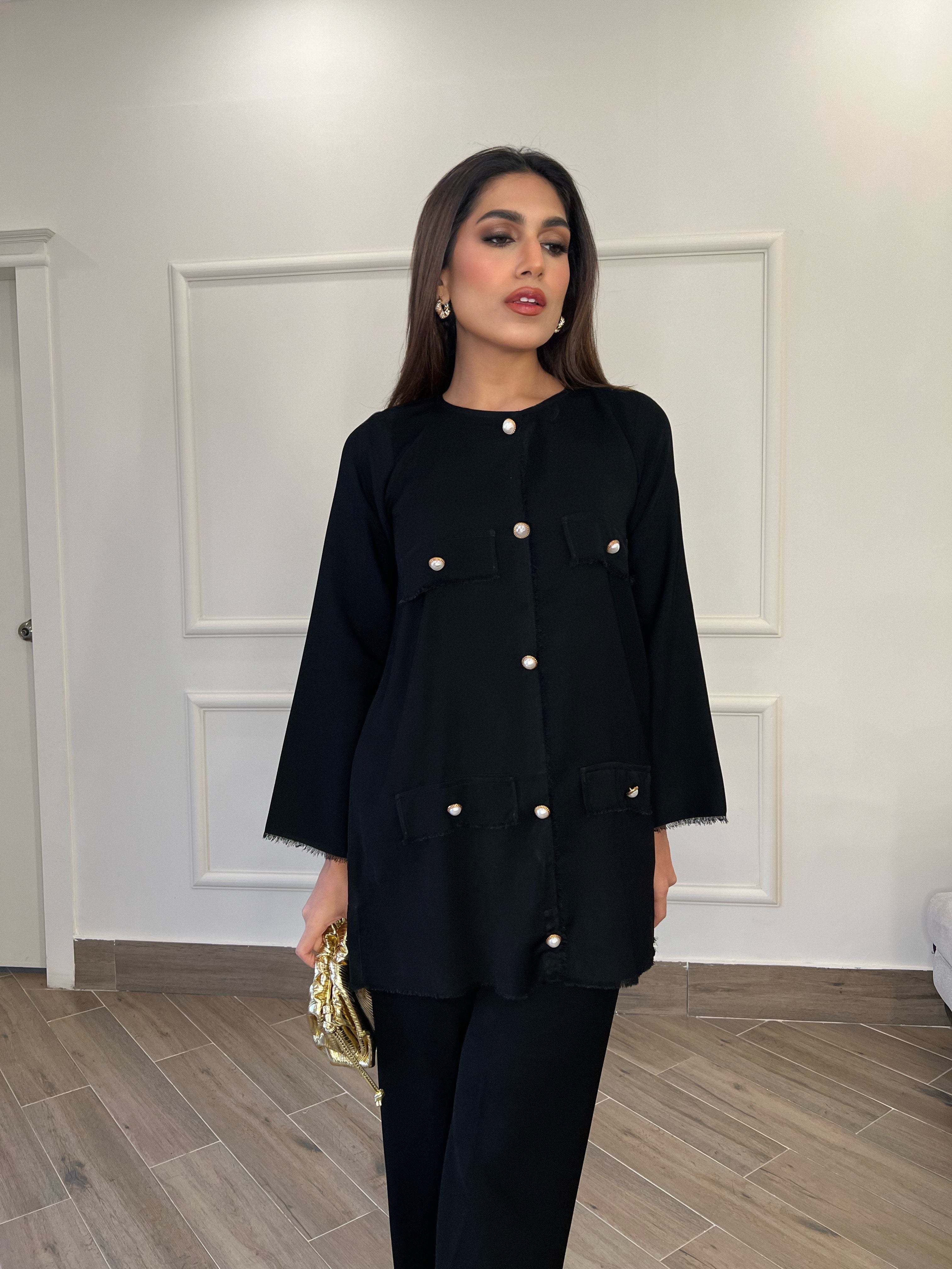Manahils Stitched Co Ords Black Button Co-Ord Set