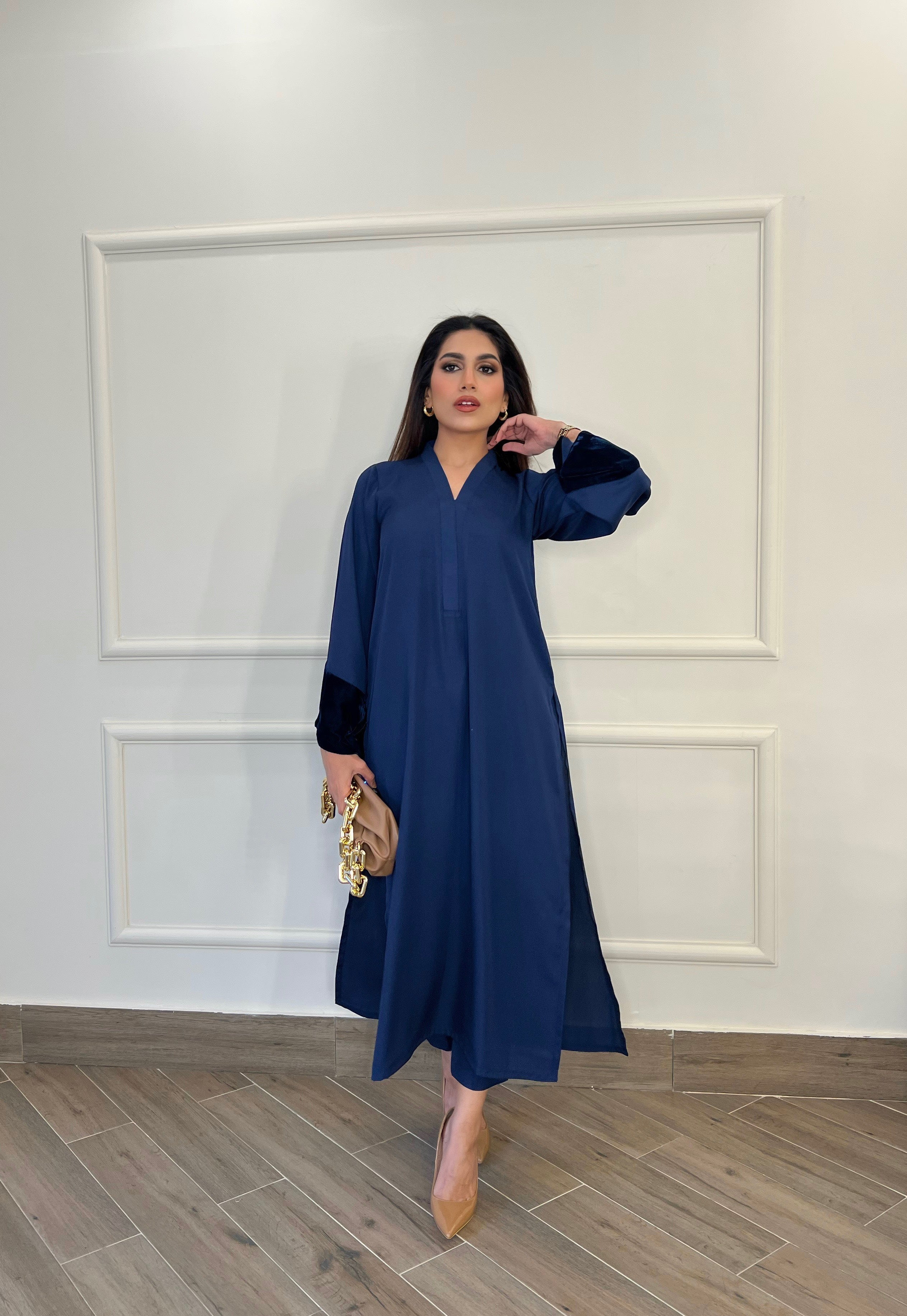 Manahils Stitched Co Ords Blue Long Set With Velvet Tunic