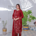 Umer Aayan Mahpara 03-Piece Embroidered Red Chiffon Suit