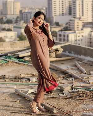 Zauk Stitched 2 Piece Collection-Rust Two Piece Dress