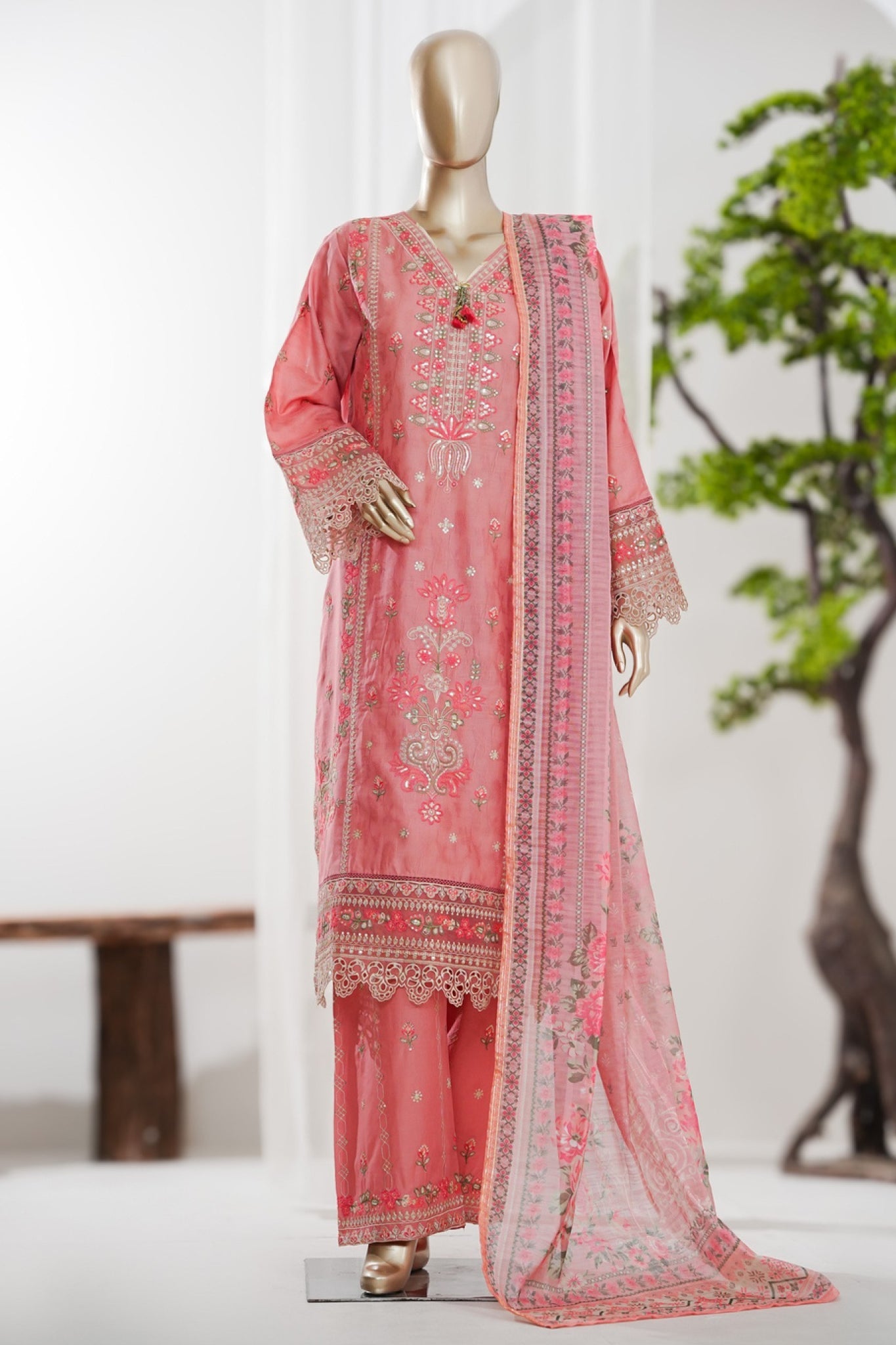 Bin Saeed Stitched 3 Piece Luxury Jacquard Vol-01 Suit-JAQ-2926-PEACH