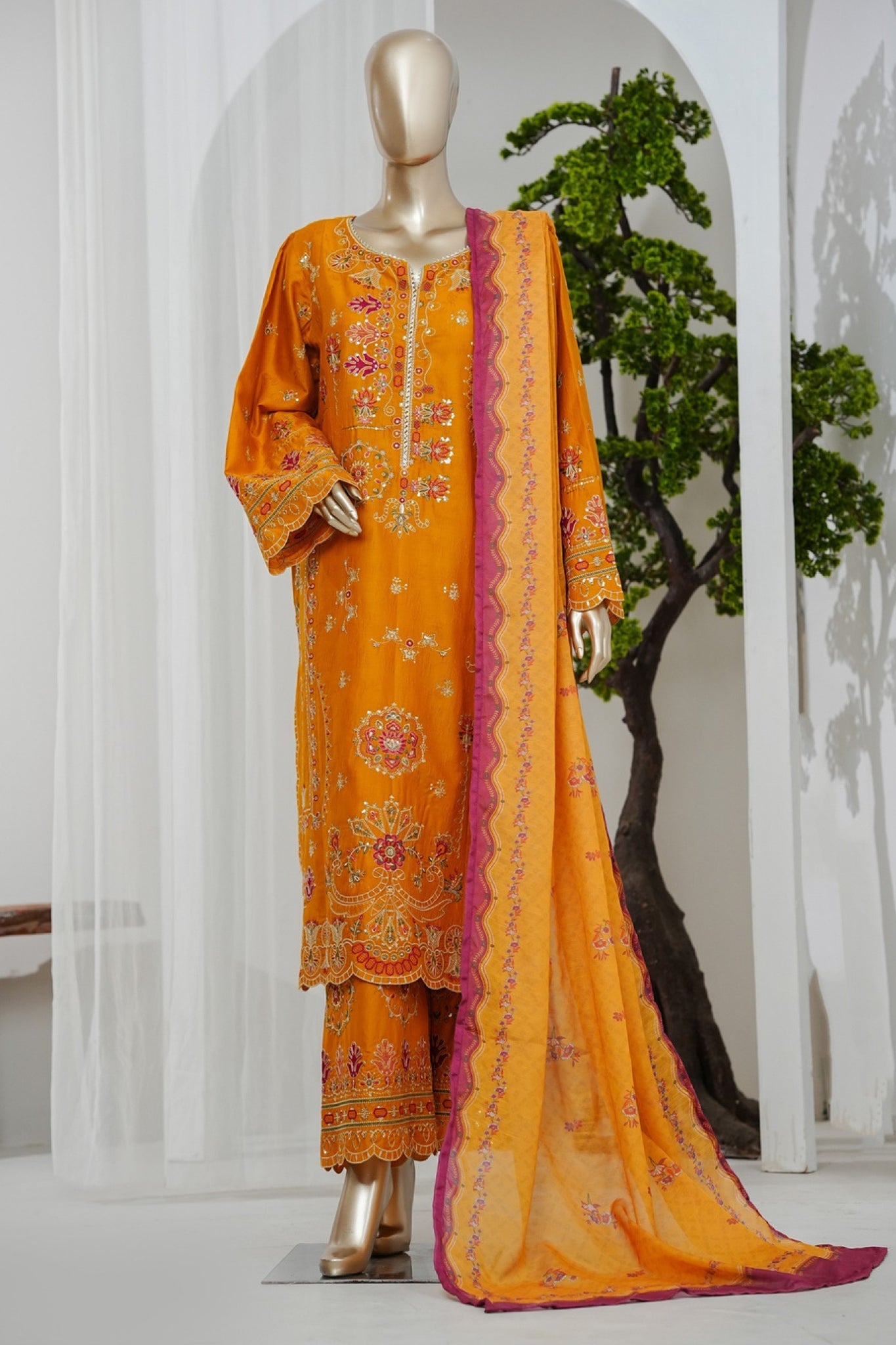 Bin Saeed Stitched 3 Piece Luxury Jacquard Vol-01 Suit-JAQ-2930-MUSTARD