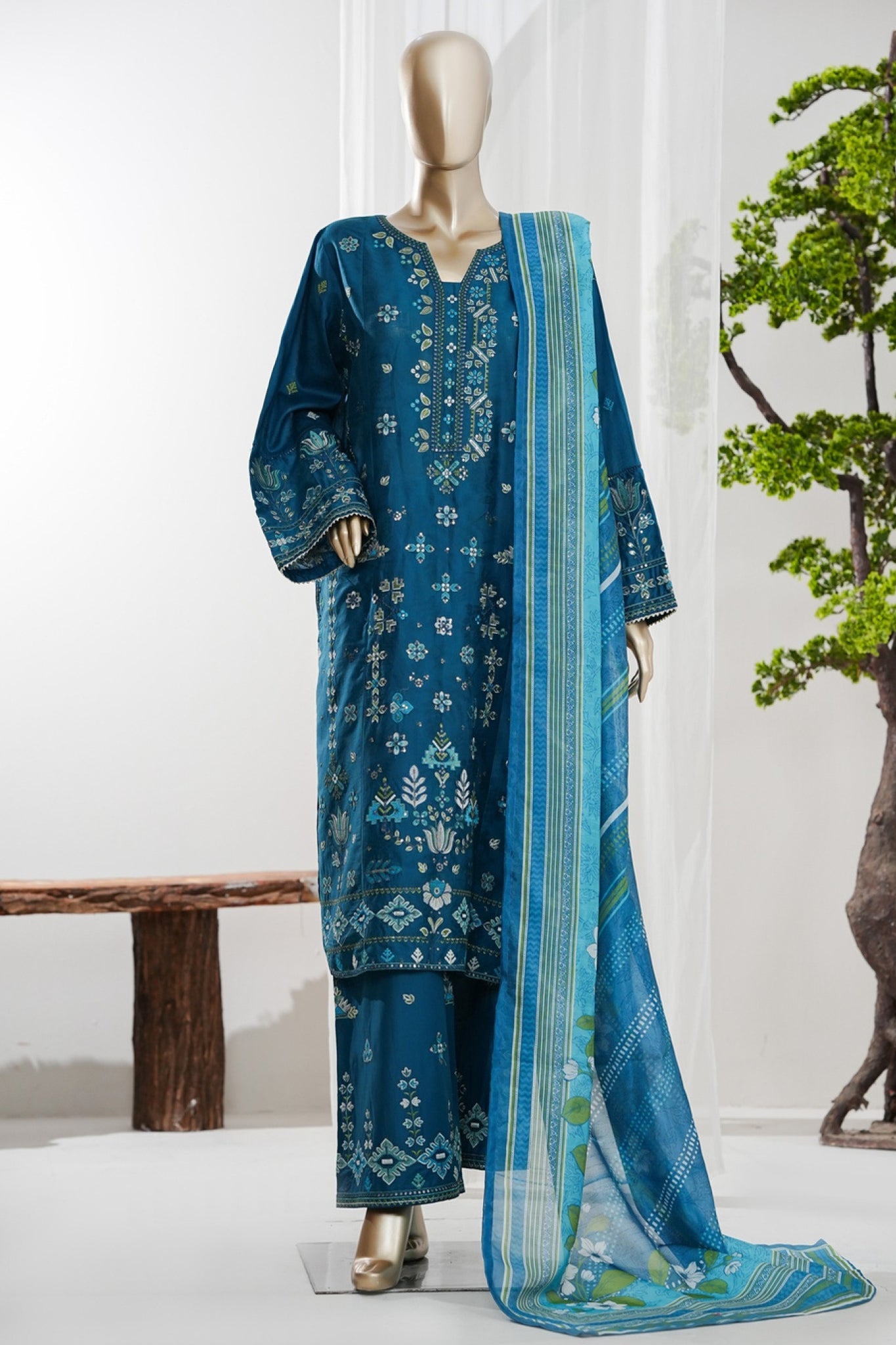 Bin Saeed Stitched 3 Piece Luxury Jacquard Vol-01 Suit-JAQ-2931-BLUE