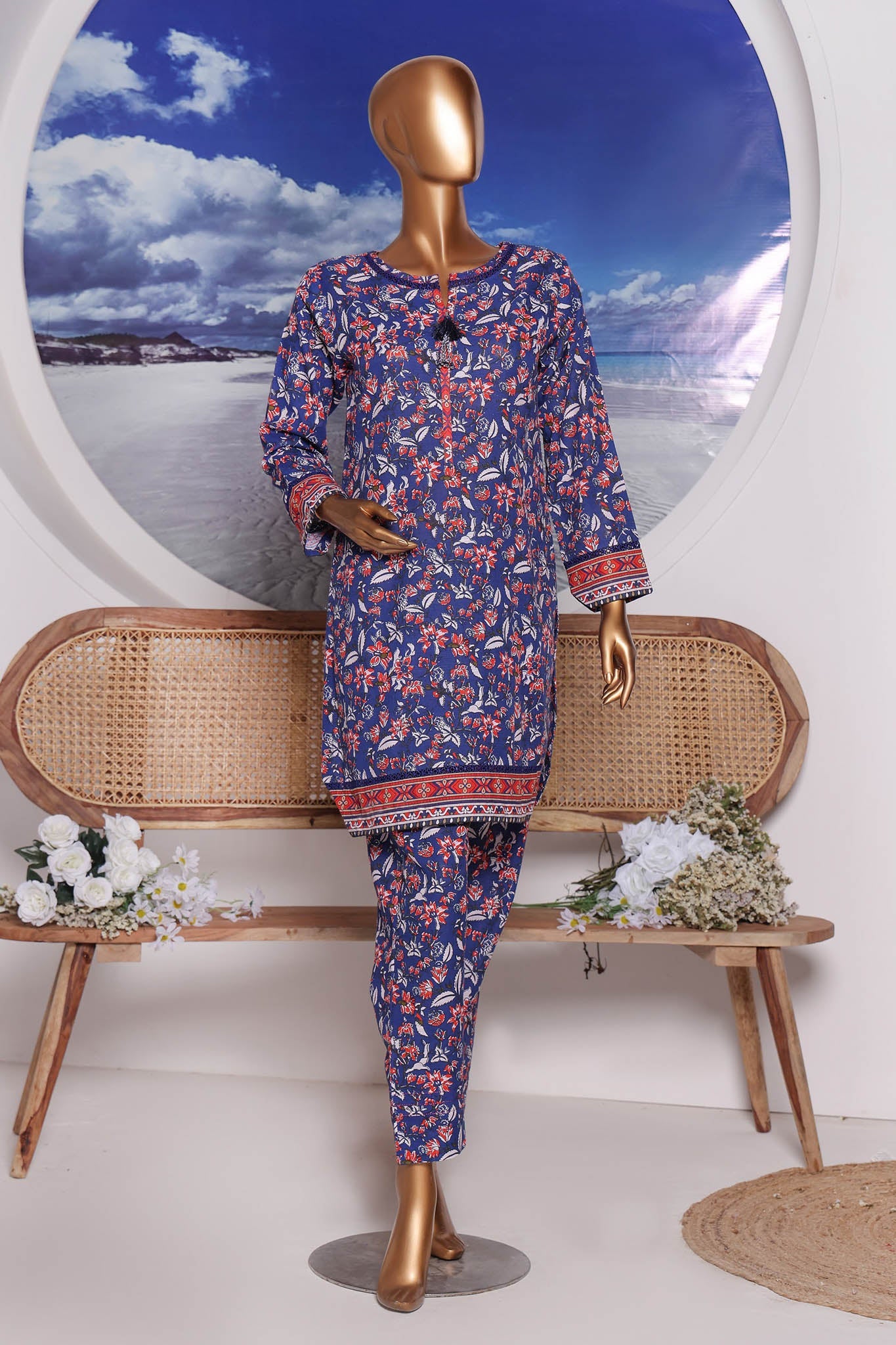 Sumi Stitched Co Ords Printed Khaddar Suit-KC-03-Blue