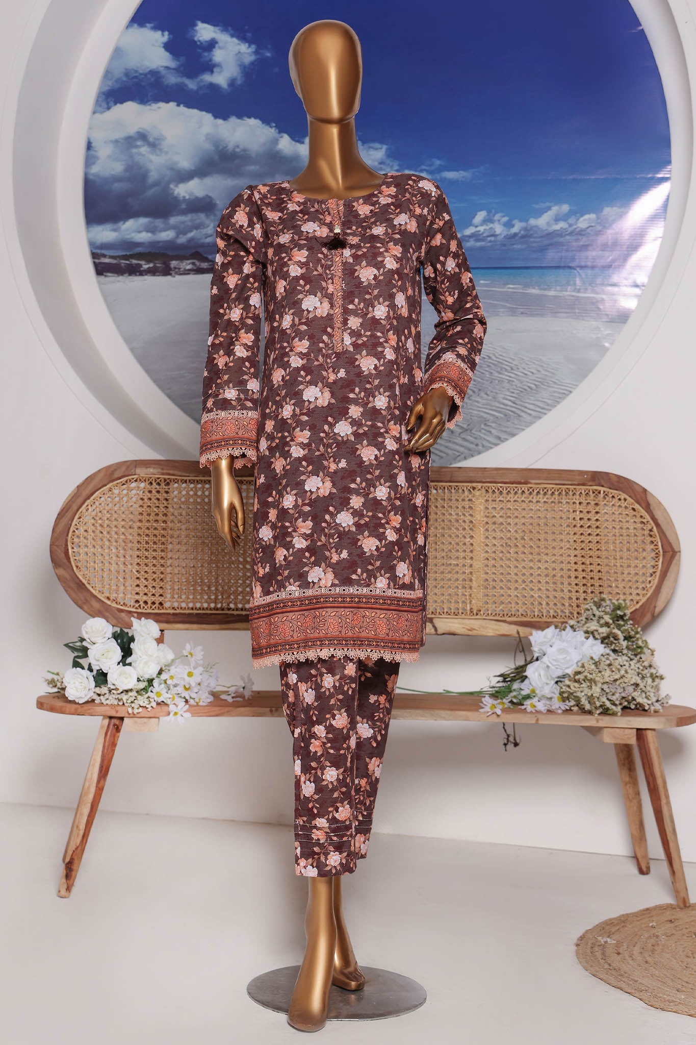 Sumi Stitched Co Ords Printed Khaddar Suit-KC-04-Brown