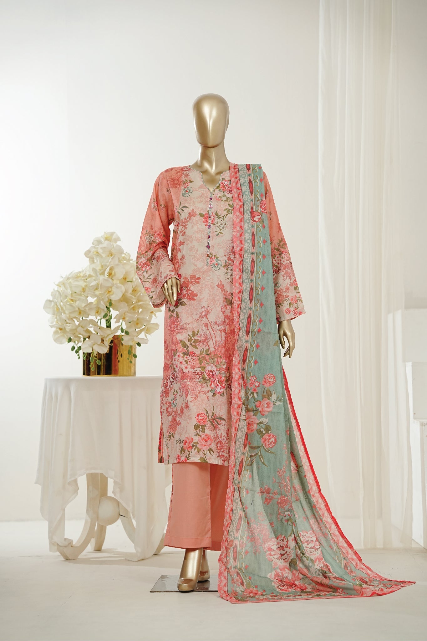 Bin Saeed Stitched 3 Piece Exclusive Printed Lawn Vol-10 Suit-LSM-2945-PEACH