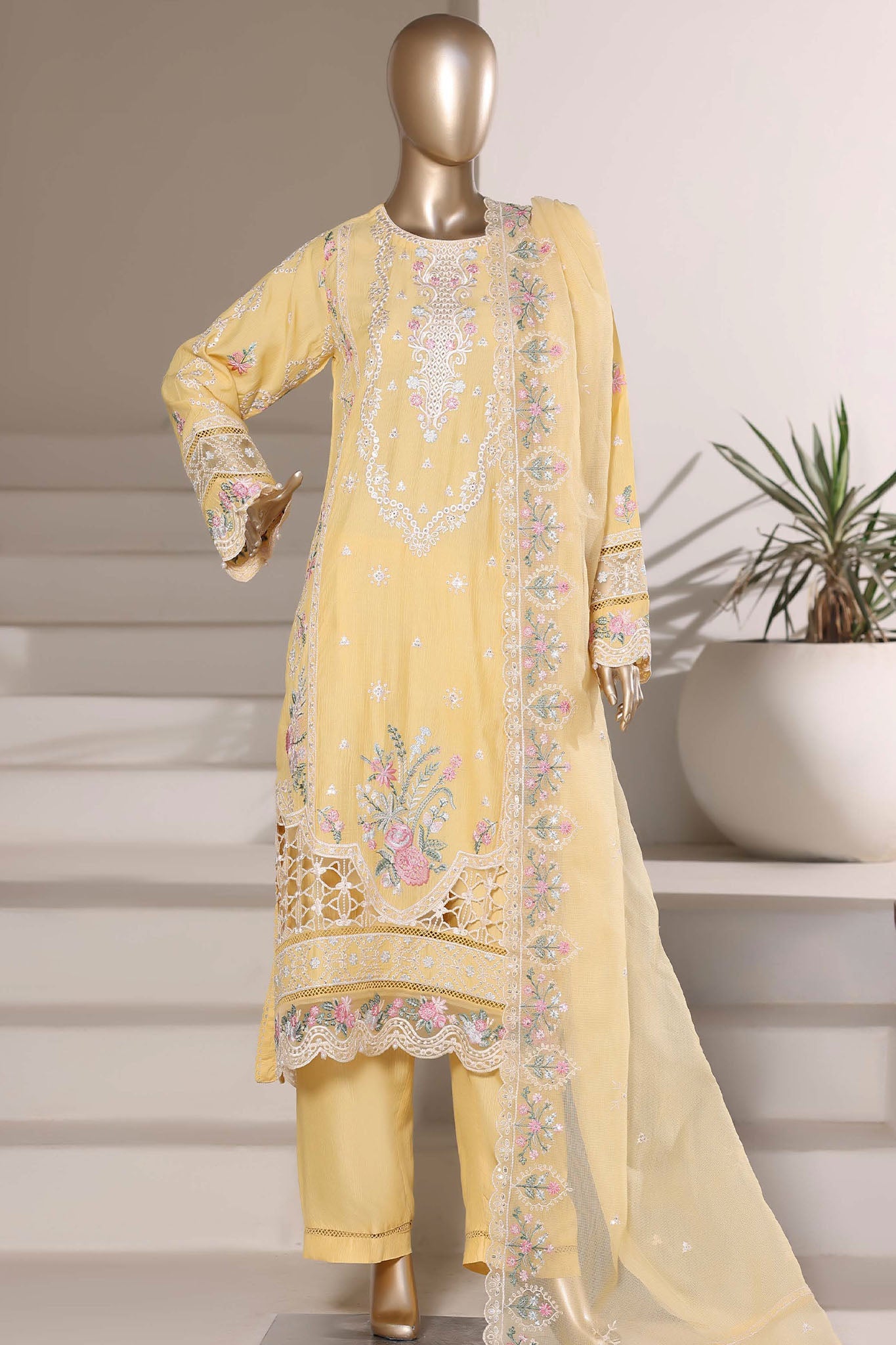 Sada Bahar Stitched 3 Piece Luxury Emb Festive Vol-03 Suit-LEL3-MK-258- YELLOW