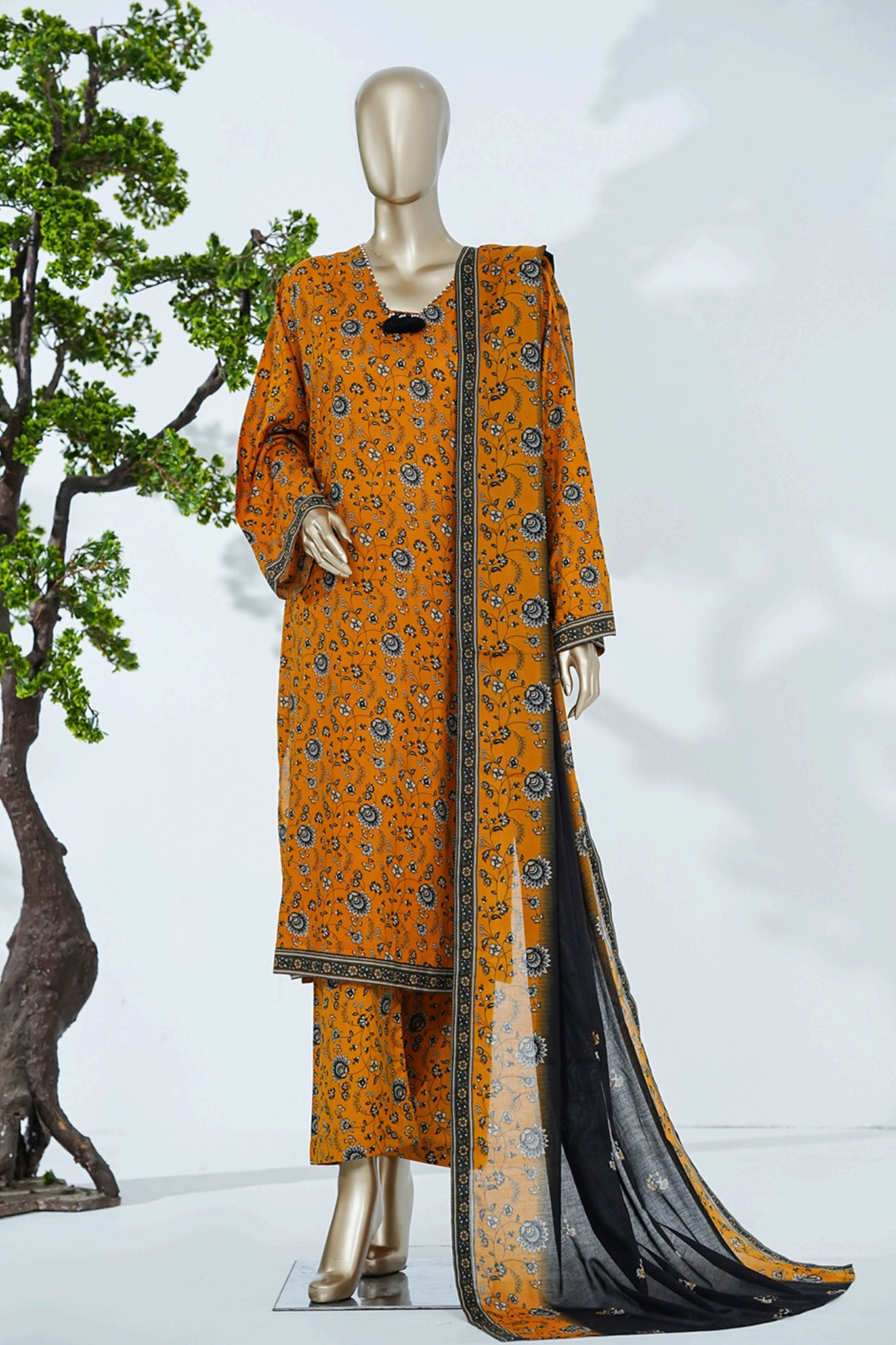 Bin Saeed Stitched 3 Piece Exclusive Printed Lawn Vol-07 Suit-LSM-2872-YELLOW