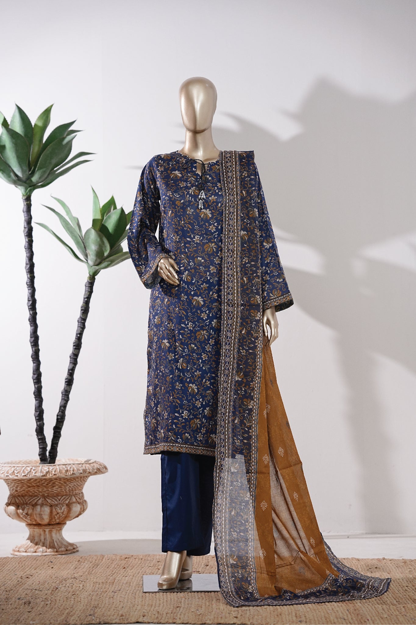 Bin Saeed Stitched 3 Piece Exclusive Printed Lawn Vol-09 Suit-LSM-2923-Navy Blue