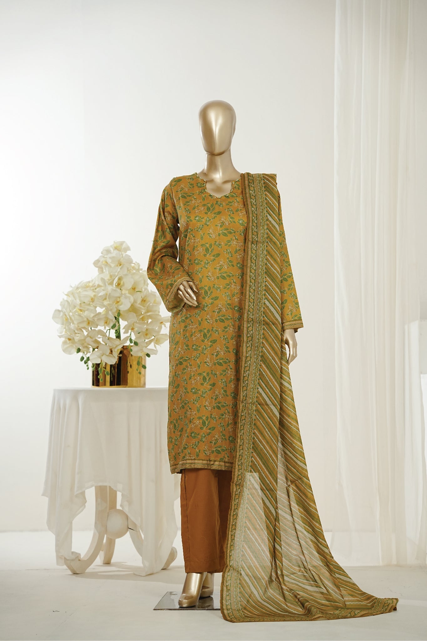 Bin Saeed Stitched 3 Piece Exclusive Printed Lawn Vol-10 Suit-LSM-2949-MUSTARD