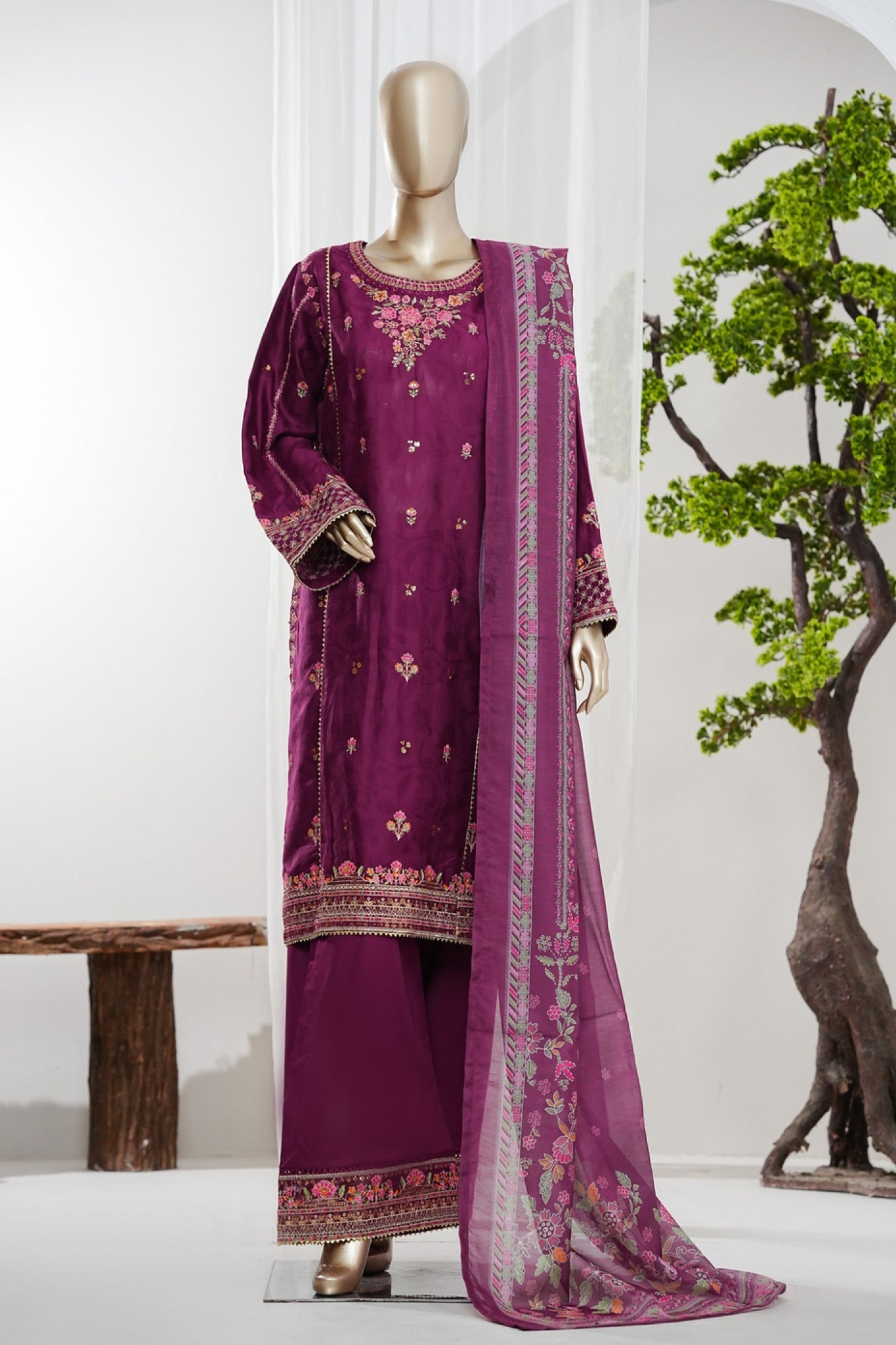 Bin Saeed Stitched 3 Piece Luxury Jacquard Vol-01 Suit-LSM-2965-PURPLE