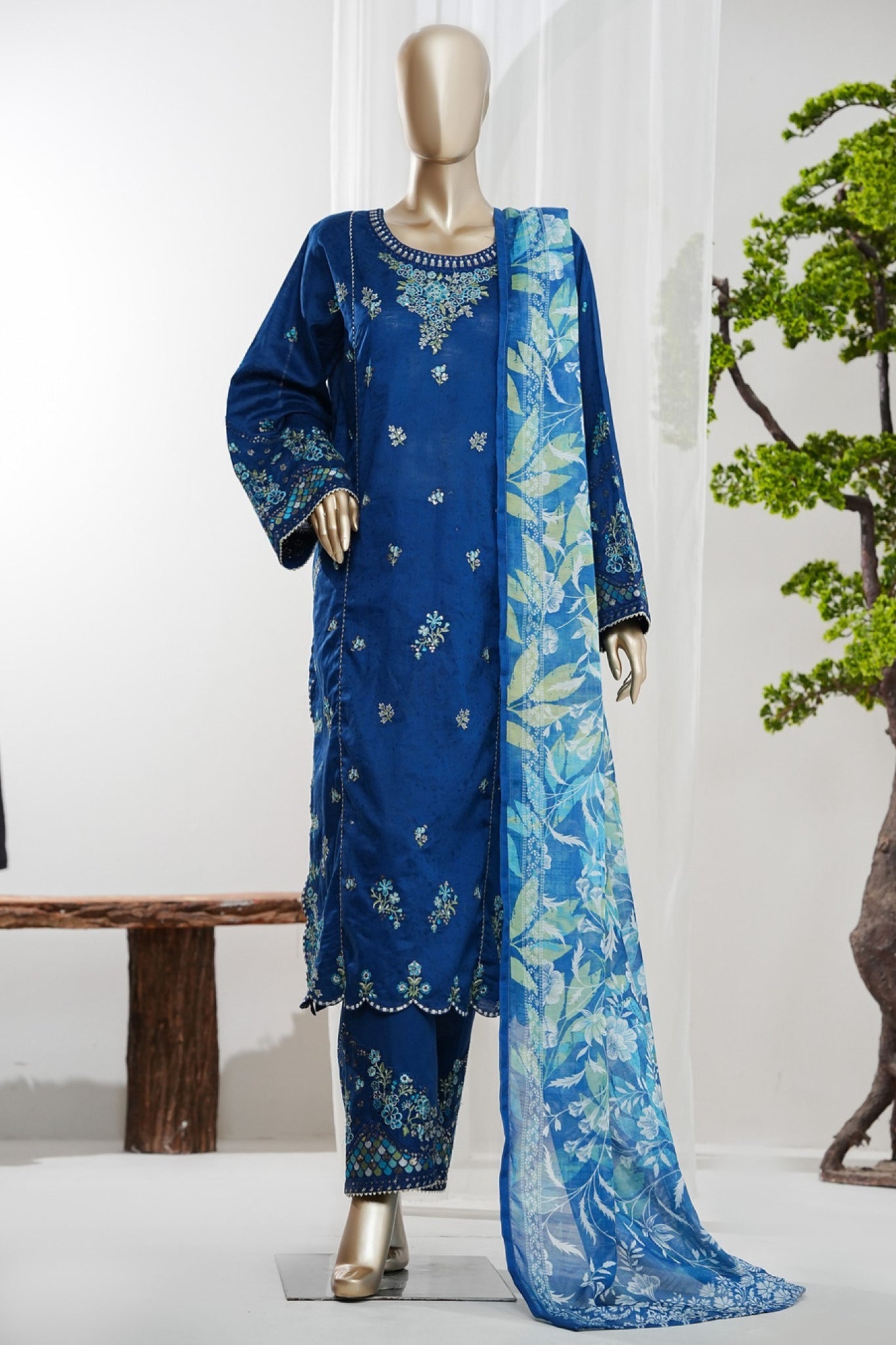 Bin Saeed Stitched 3 Piece Luxury Jacquard Vol-01 Suit-LSM-2966-BLUE