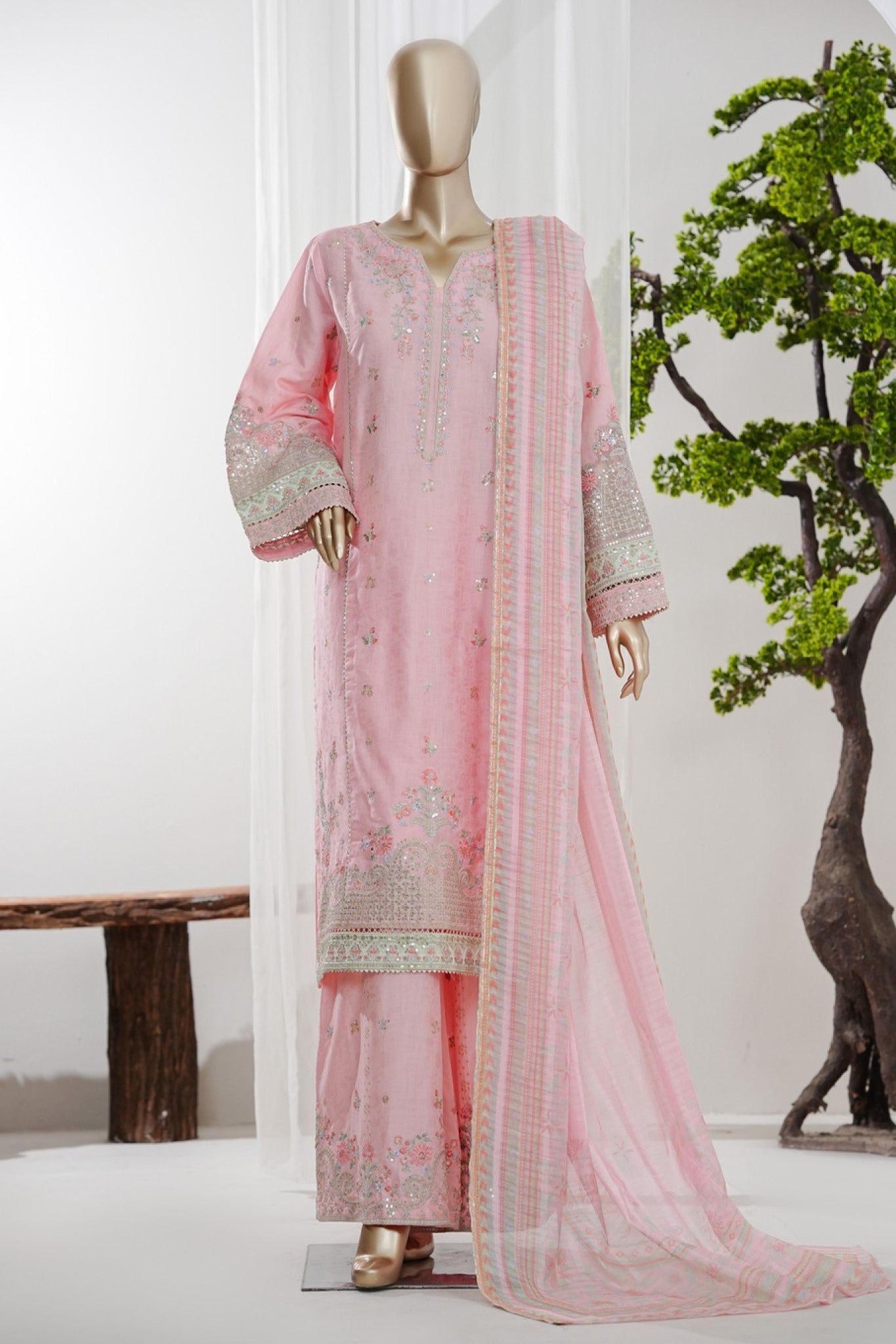Bin Saeed Stitched 3 Piece Luxury Jacquard Vol-01 Suit-LSM-2967-PINK