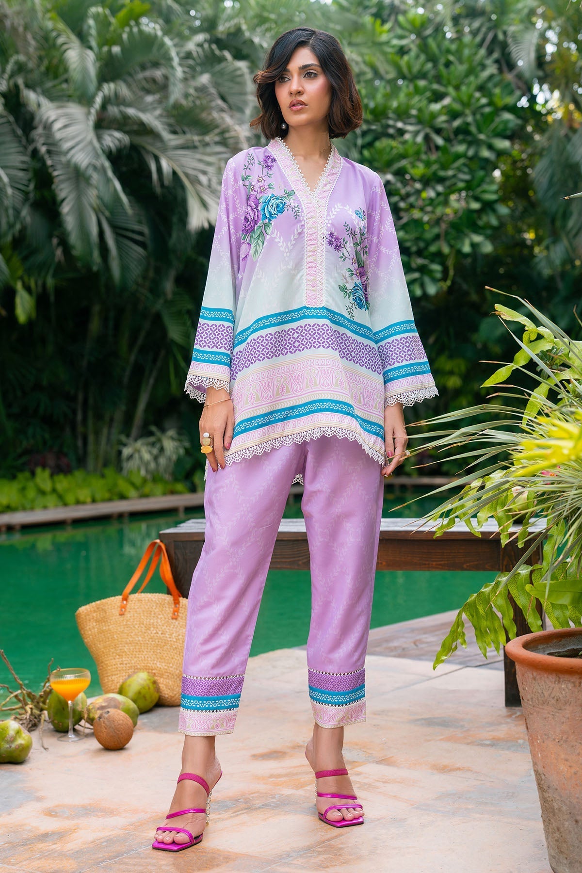 Nairah Stitched Co Ords Summer Suit-Lavender Bloom