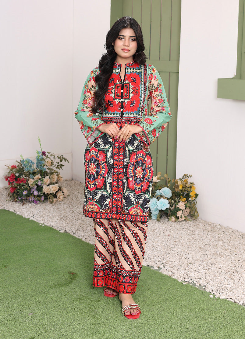 Whimsical Garden By Ahlam Stitched Summer Co-Ords Suit-Rainbow Mist