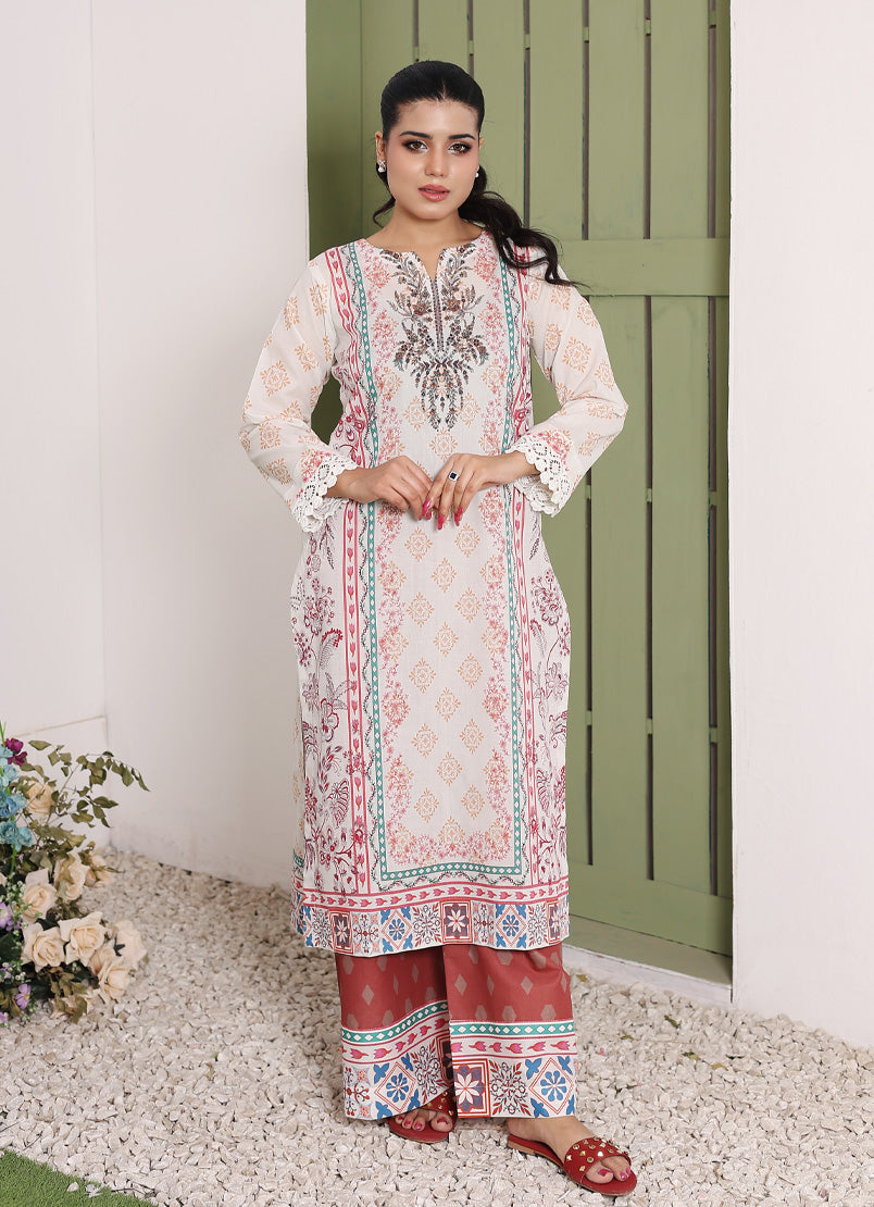 Whimsical Garden By Ahlam Stitched Summer Co-Ords Suit-Maroon Grace