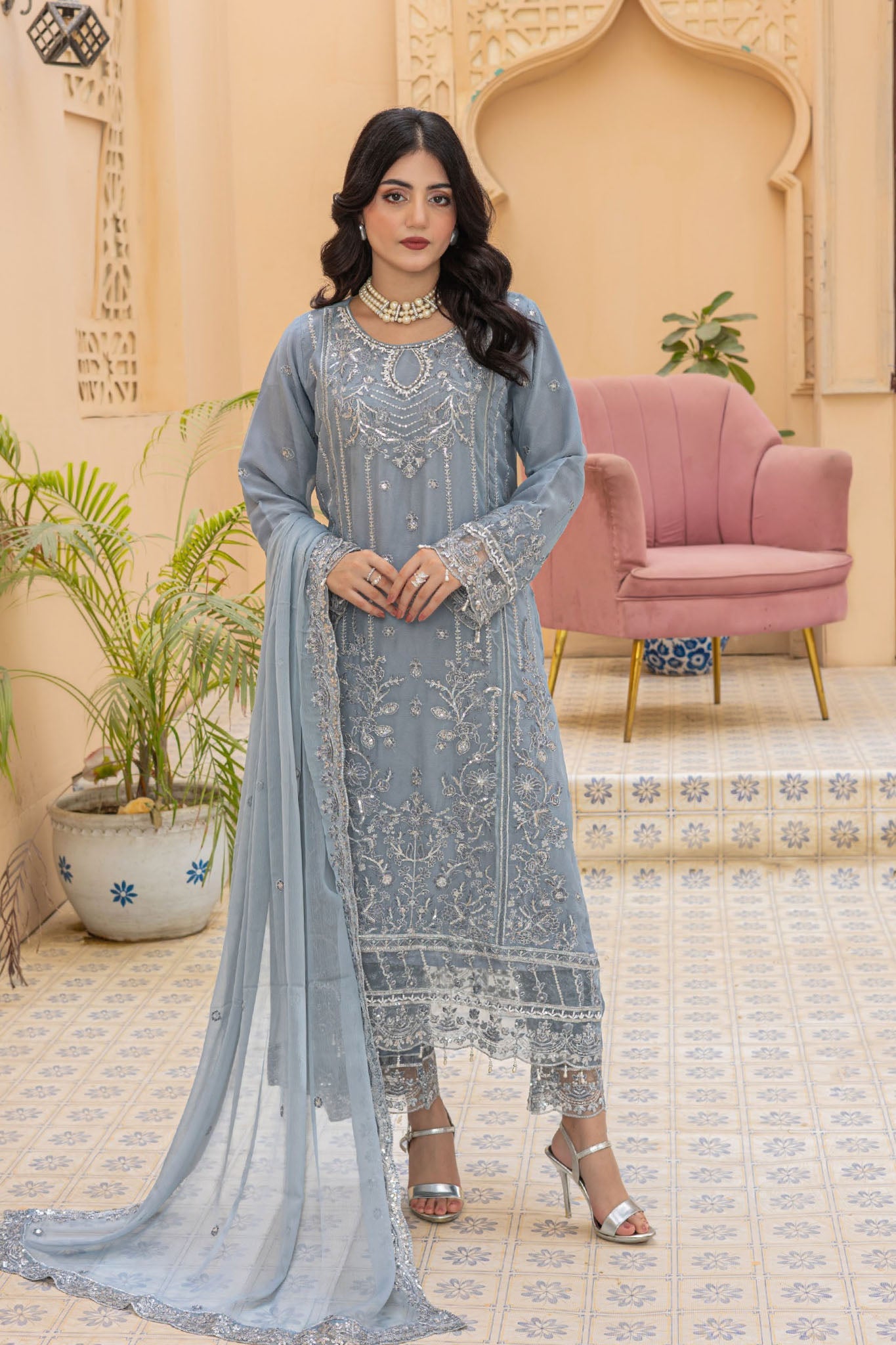 Maya By Azmeerah Stitched 3 Piece Hand Emb Chiffon Suit-05-Lumora