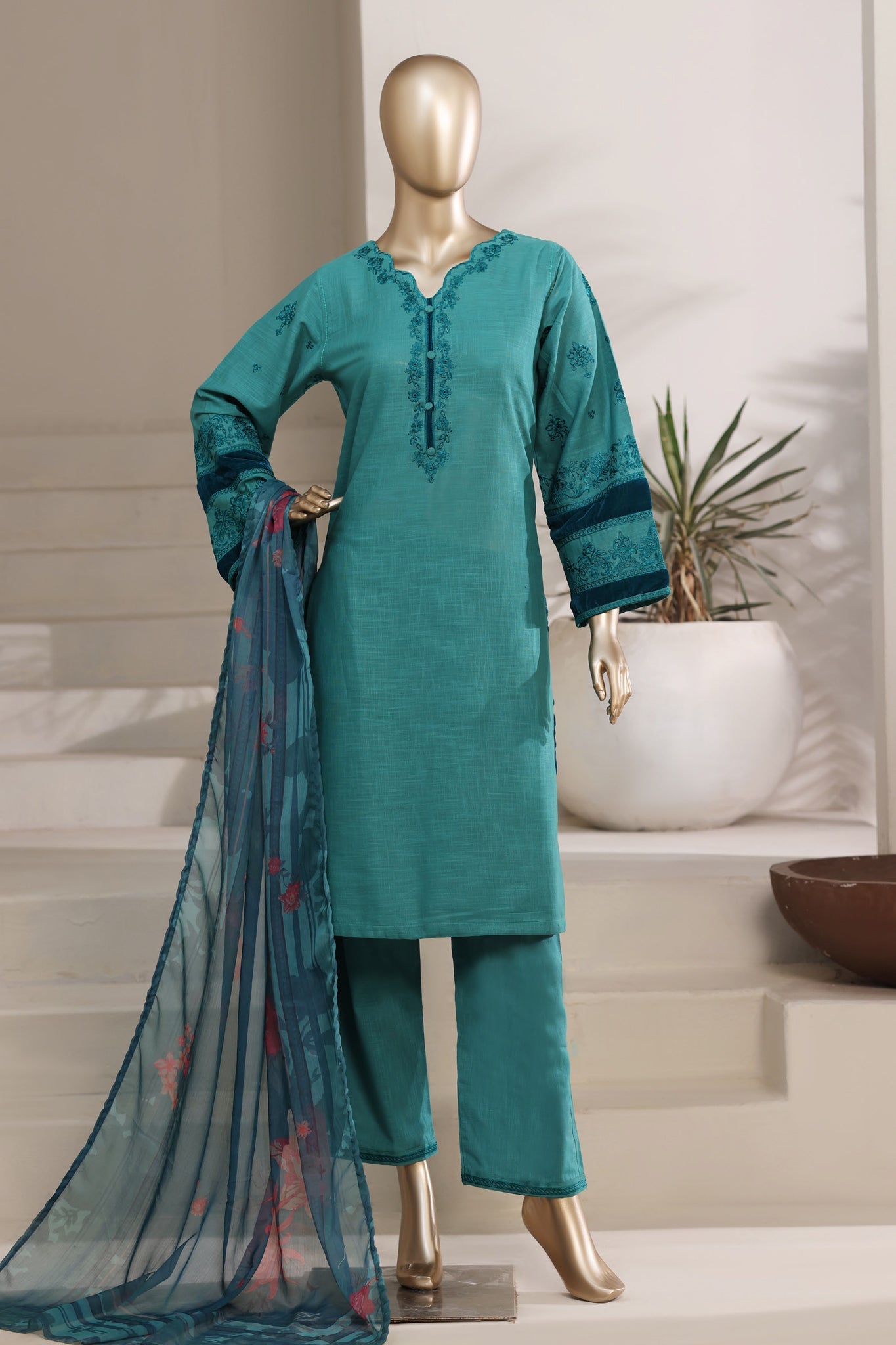 Sada Bahar Stitched 3 Piece Festive Co Ords Emb Cotton Suit-MEK-257 C.GREEN
