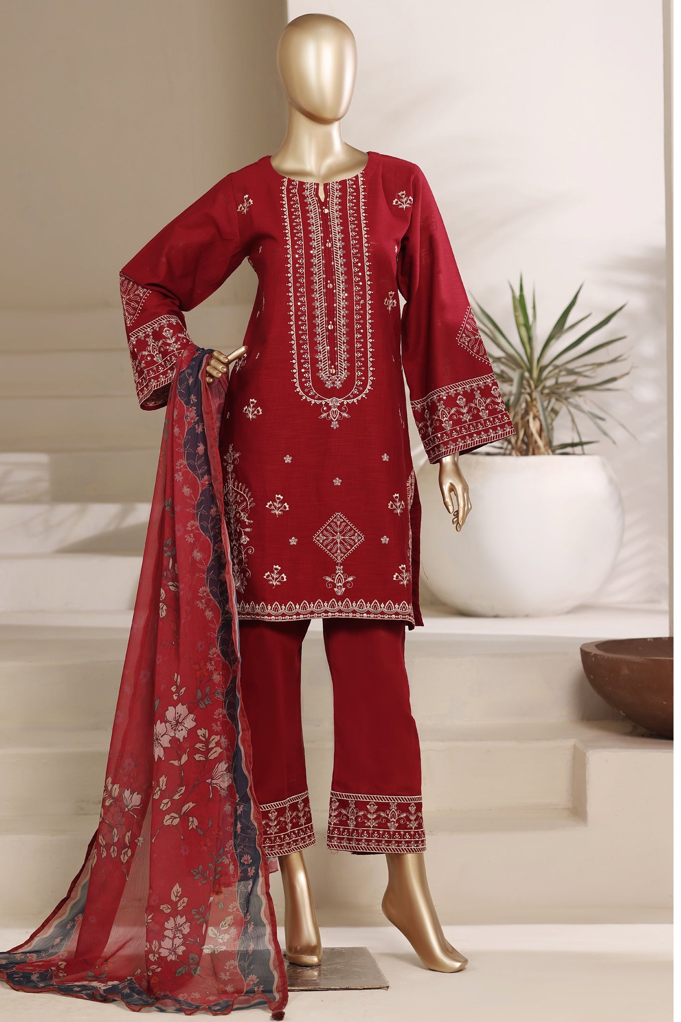 Sada Bahar Stitched 3 Piece Festive Co Ords Emb Cotton Suit-MEK-259 RED
