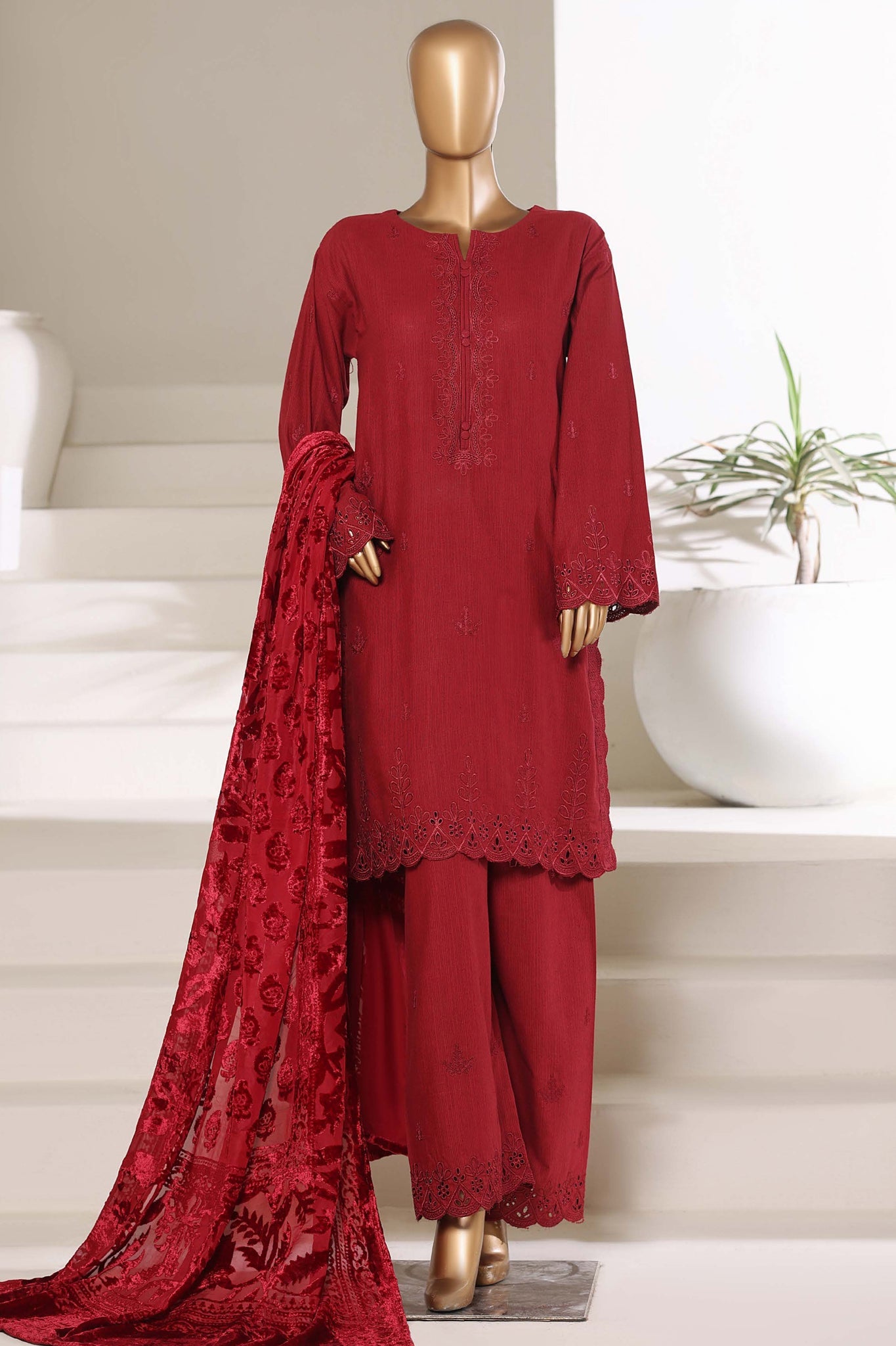 Sada Bahar Stitched 3 Piece Luxury Khaddar Karandi With Palachi Shawl Suit-MEK-251-Rust