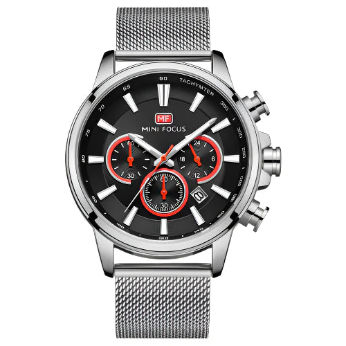 Mini Focus Silver Mesh Bracelet Black Dial Chronograph Quartz Watch for Gents - MF0142G-01