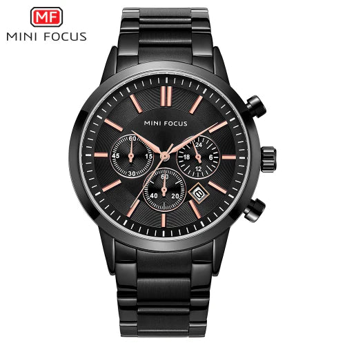 Mini Focus Black Stainless Steel Black Dial Chronograph Quartz Watch for Gents - MF0188G-01
