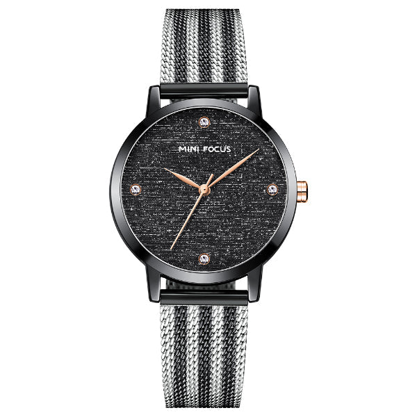 Mini Focus Two-tone Mesh Bracelet Black Silk Dial Quartz Watch for Ladies - MF0329L-05