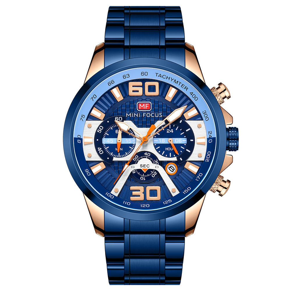 Mini Focus Blue Stainless Steel Blue Dial Chronograph Quartz Watch for Gents - MF0336G-02