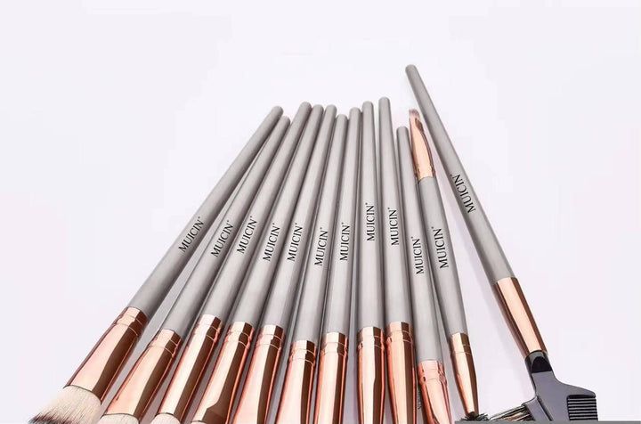 MUICIN - Beige & Rose Gold 15 Pieces Eye & Face Makeup Brushes Set Grey Flap Pouch - My Store
