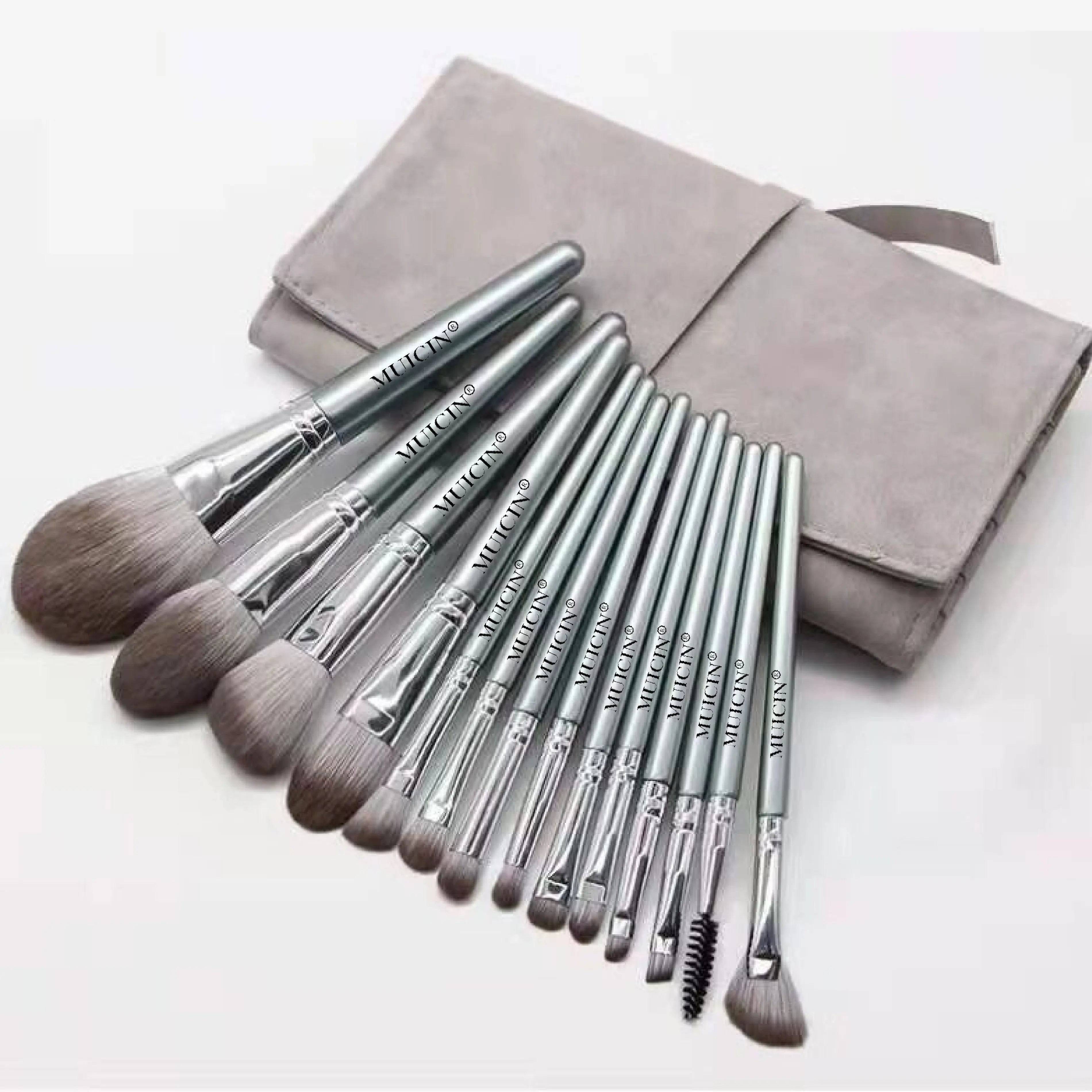 MUICIN - Grey Leather Pouch Eye & Face With Fan Makeup Brush Set - 14 pieces - My Store
