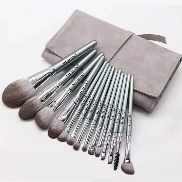 MUICIN - Grey Leather Pouch Eye & Face With Fan Makeup Brush Set - 14 pieces - My Store
