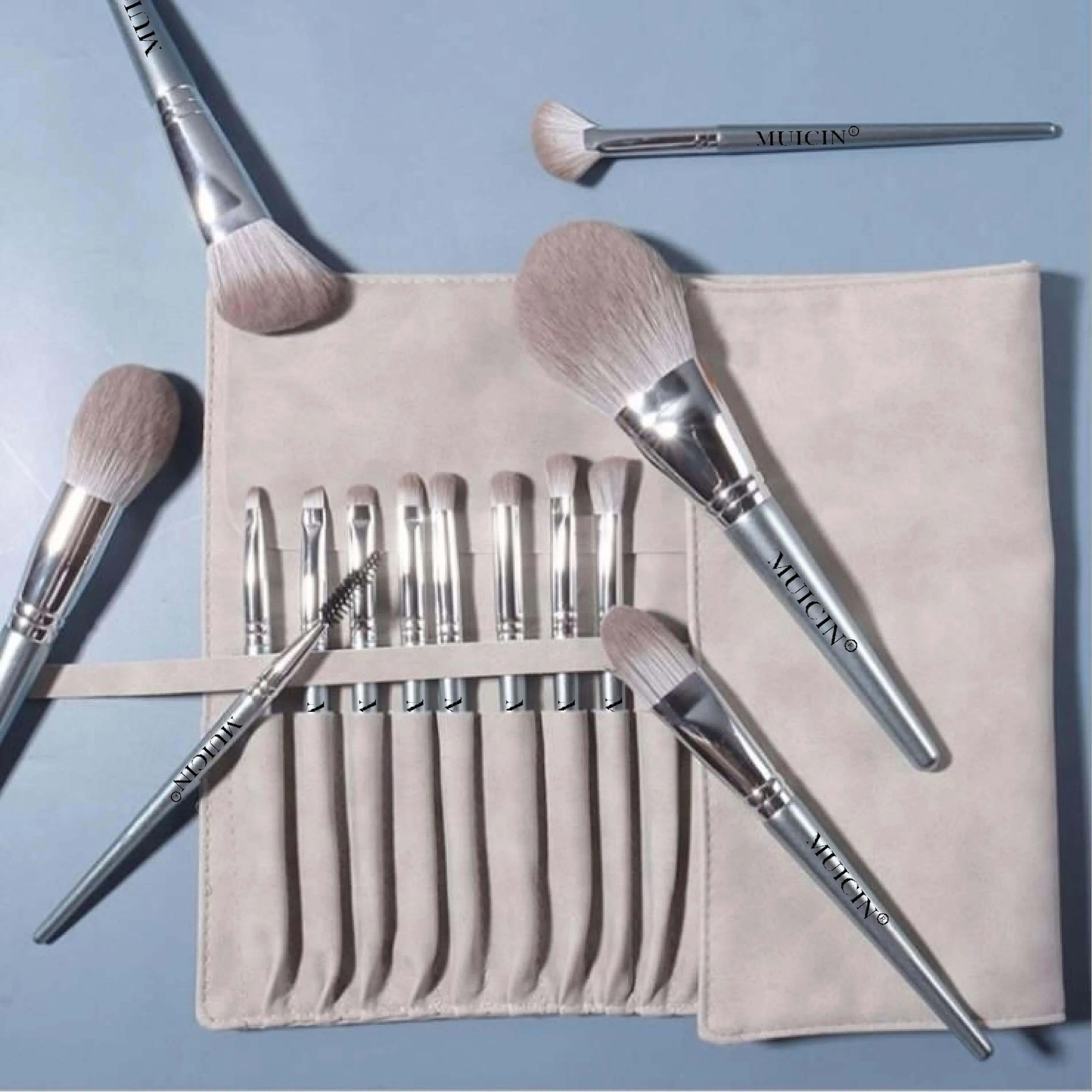 MUICIN - Grey Leather Pouch Eye & Face With Fan Makeup Brush Set - 14 pieces - My Store