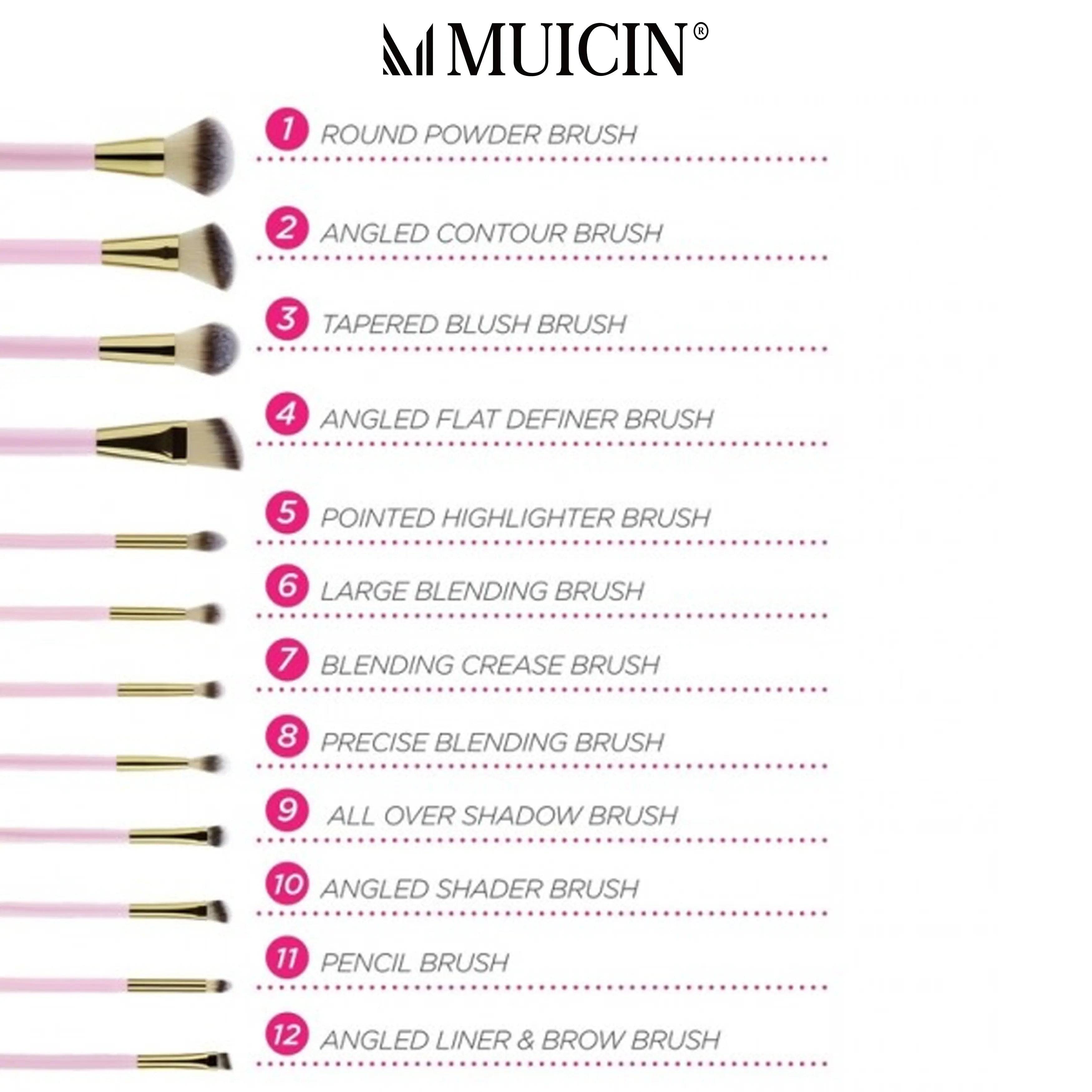 MUICIN - Natural Hair 12 Pieces Pink Studded Makeup Brushes Set - My Store