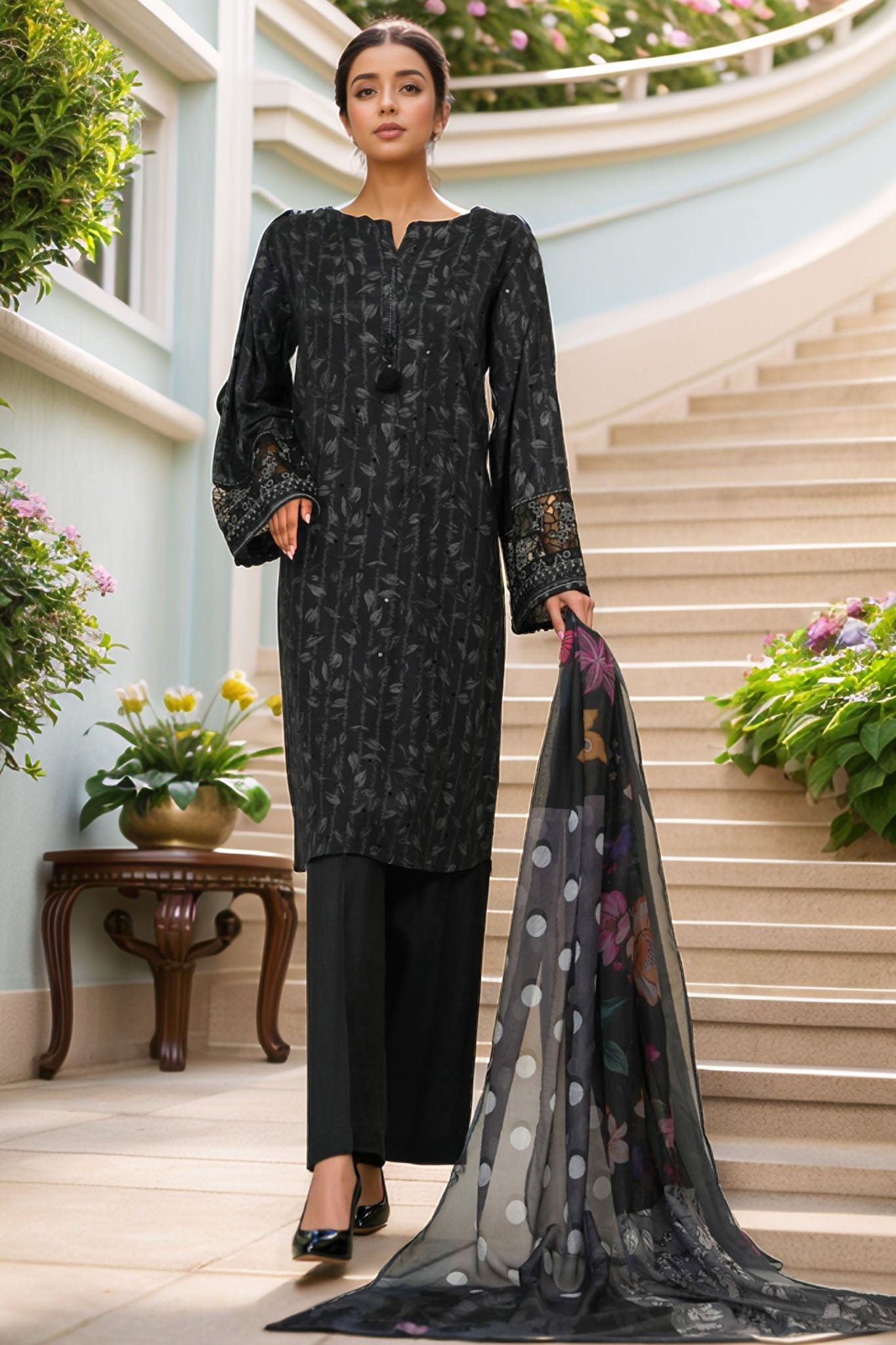Majestic By HZ Stitched 3 Piece Emb Silk Suit-RRE-116-Black