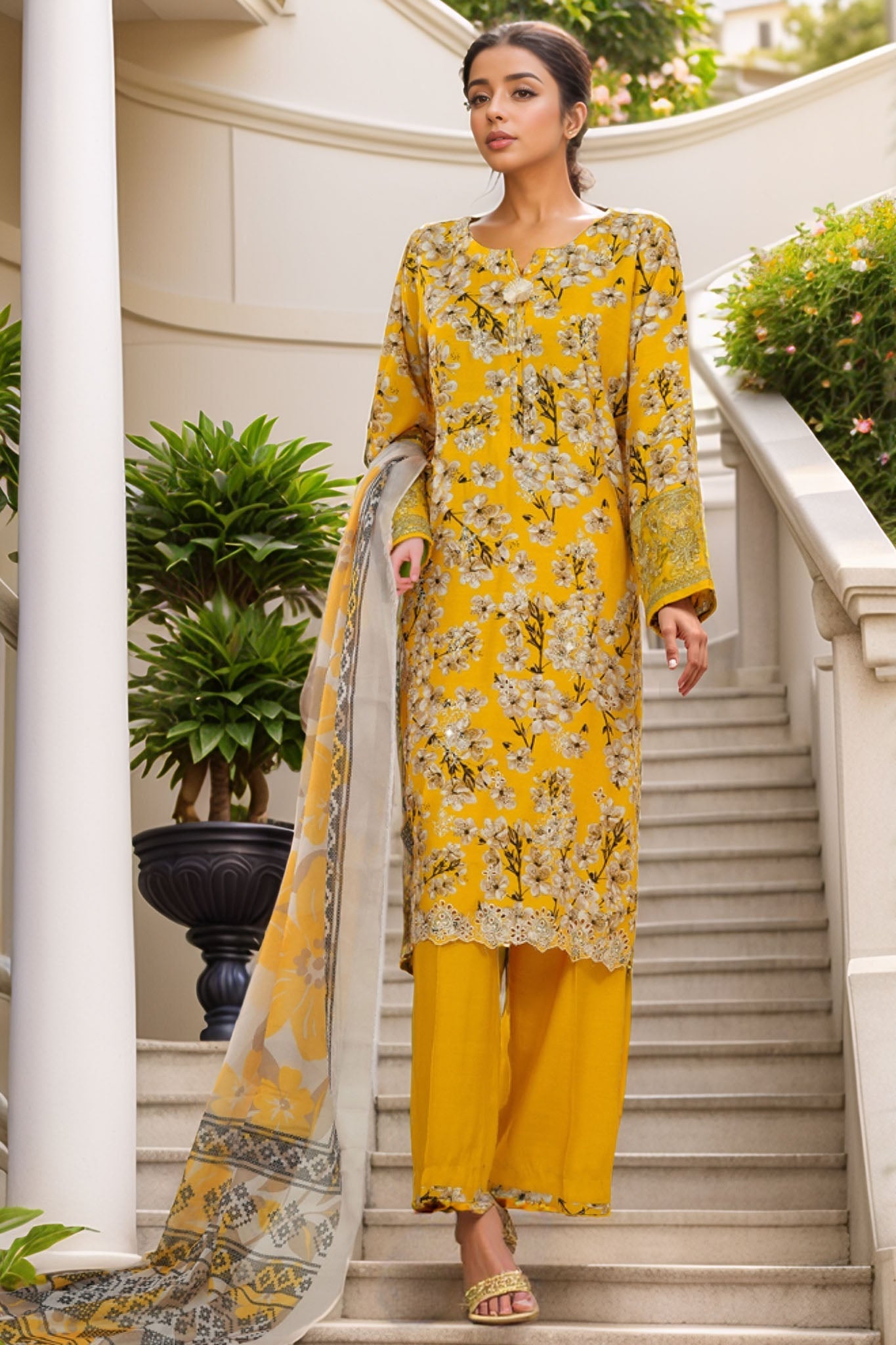 Majestic By HZ Stitched 3 Piece Emb Silk Suit-RRE-112-Yellow