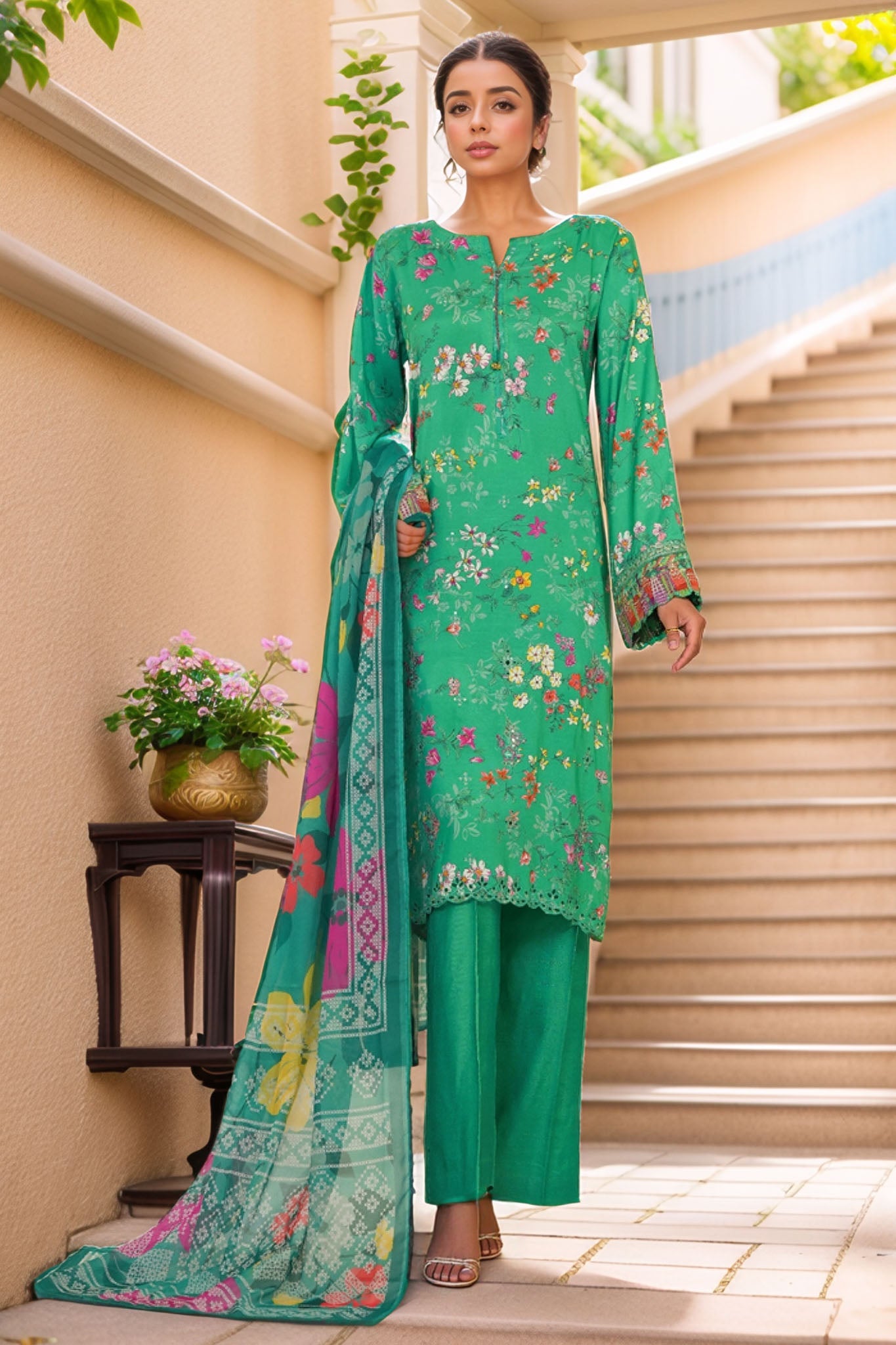 Majestic By HZ Stitched 3 Piece Emb Silk Suit-RRE-109-Parrot Green